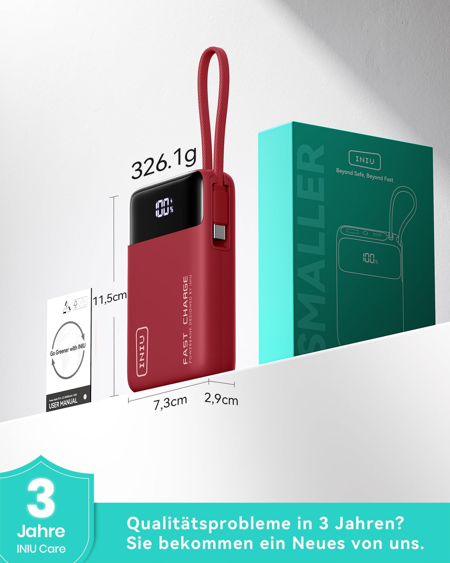INIU 45W Power Bank, Ultra Small 20000mAh Power Bank with Integrated USB C Cable, Fast Charging External Mobile Phone Batteries, Suitable for Flight, Travel Essential for Commuting, Daily Use, iPhone 17 16, Red - P51L