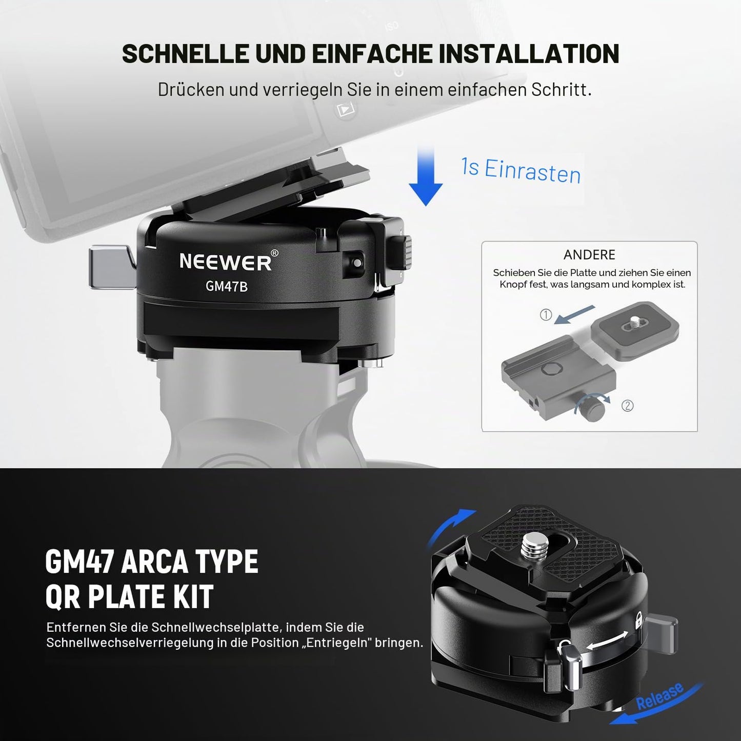 NEEWER GM47B Quick Release Plate Set, Anti Twist Auto Lock, Square QR Camera Tripod Adapter and Clamp Base, Compatible with Arca Swiss DJI Ronin RS 4 Pro RS 3 RS 2 Peak Design Capture V3