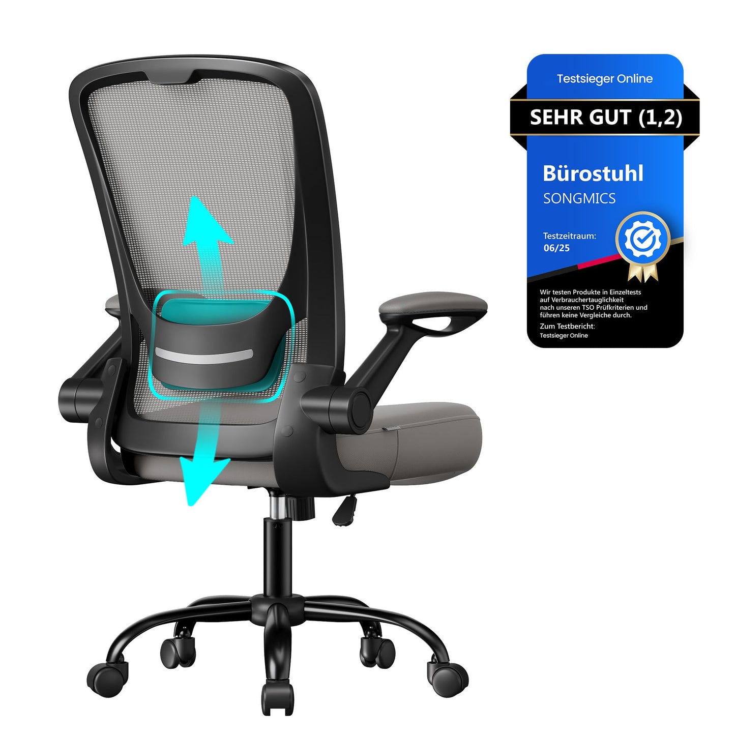 SONGMICS ergonomic office chair, swivel chair with mesh, lumbar support, rocker function, 53 cm seat, folding armrests, study and bedroom, students, dove gray OBN037G01