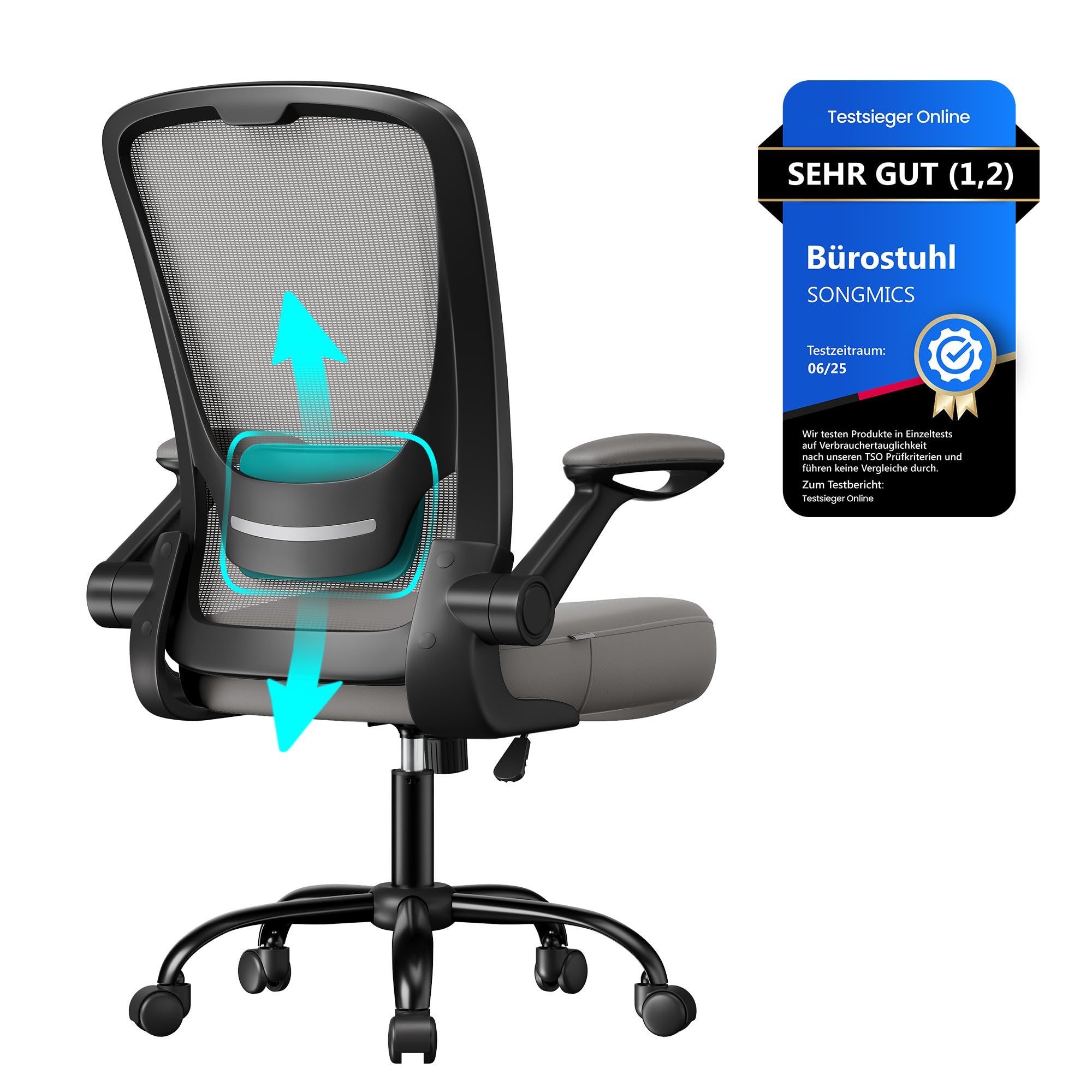 SONGMICS ergonomic office chair, swivel chair with mesh, lumbar support, rocker function, 53 cm seat, folding armrests, study and bedroom, students, dove gray OBN037G01