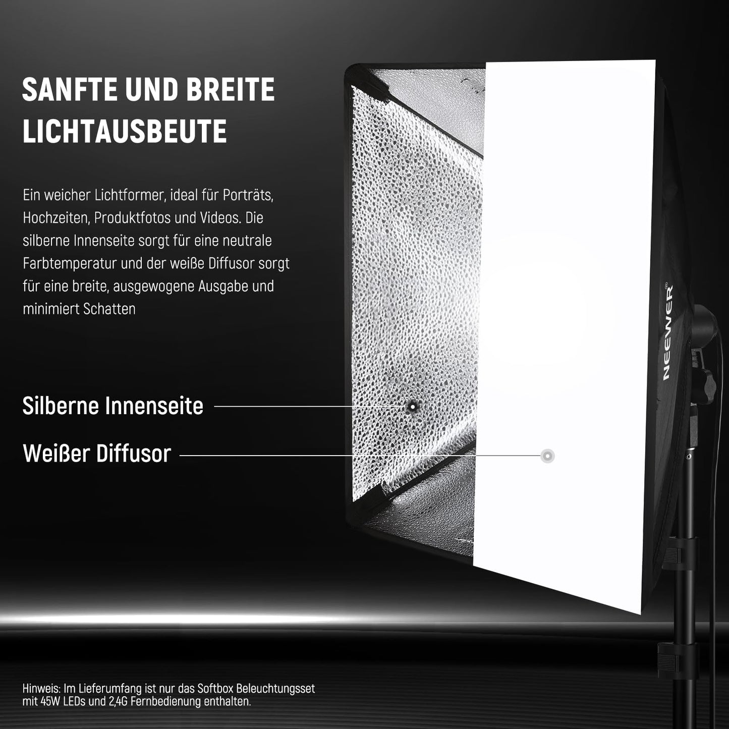 NEEWER 24"x24" softbox lighting kit with tripod stands, pack of 2, 45W two-tone 2.4G LED bulbs, 10 channels, 2900K-7000K, 1400Lux/m, CRI95, 20m remote control, photography continuous light kit, NK103 - 10105818