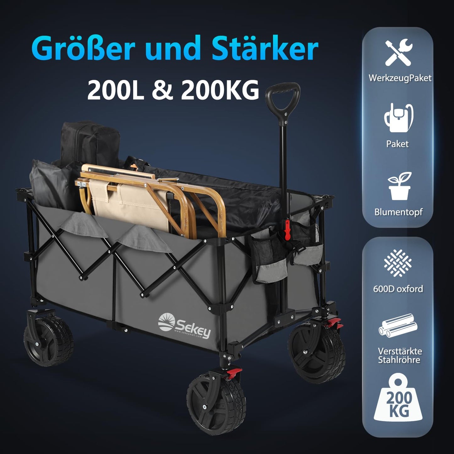 Sekey XXL Plus handcart foldable with brakes 200L 200KG load capacity, extra wide tires all terrain handcart, patented foldable from four directions, - FW20