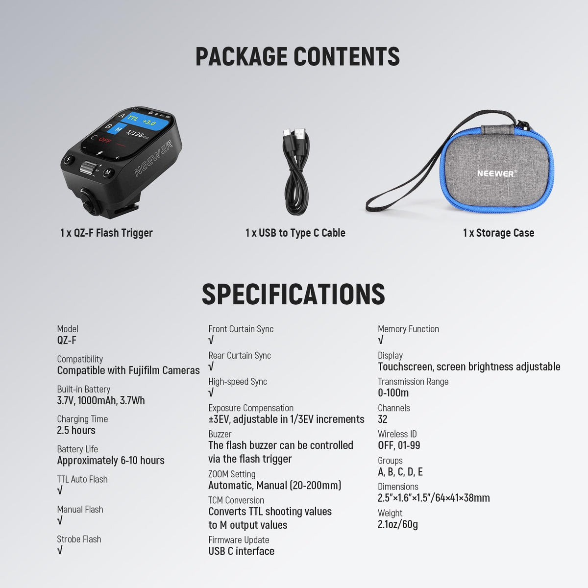 NEEWER QZ-F 2,4G TTL Flash Wireless Trigger Compatibil cu camerele Fujifilm Fuji X100VI, X100V, XT30 II, XT5, XT50, cu ecran tactil, declanșator de blitz, 1/8000s HSS, acumulator de 1000mAh/Comutator TCM