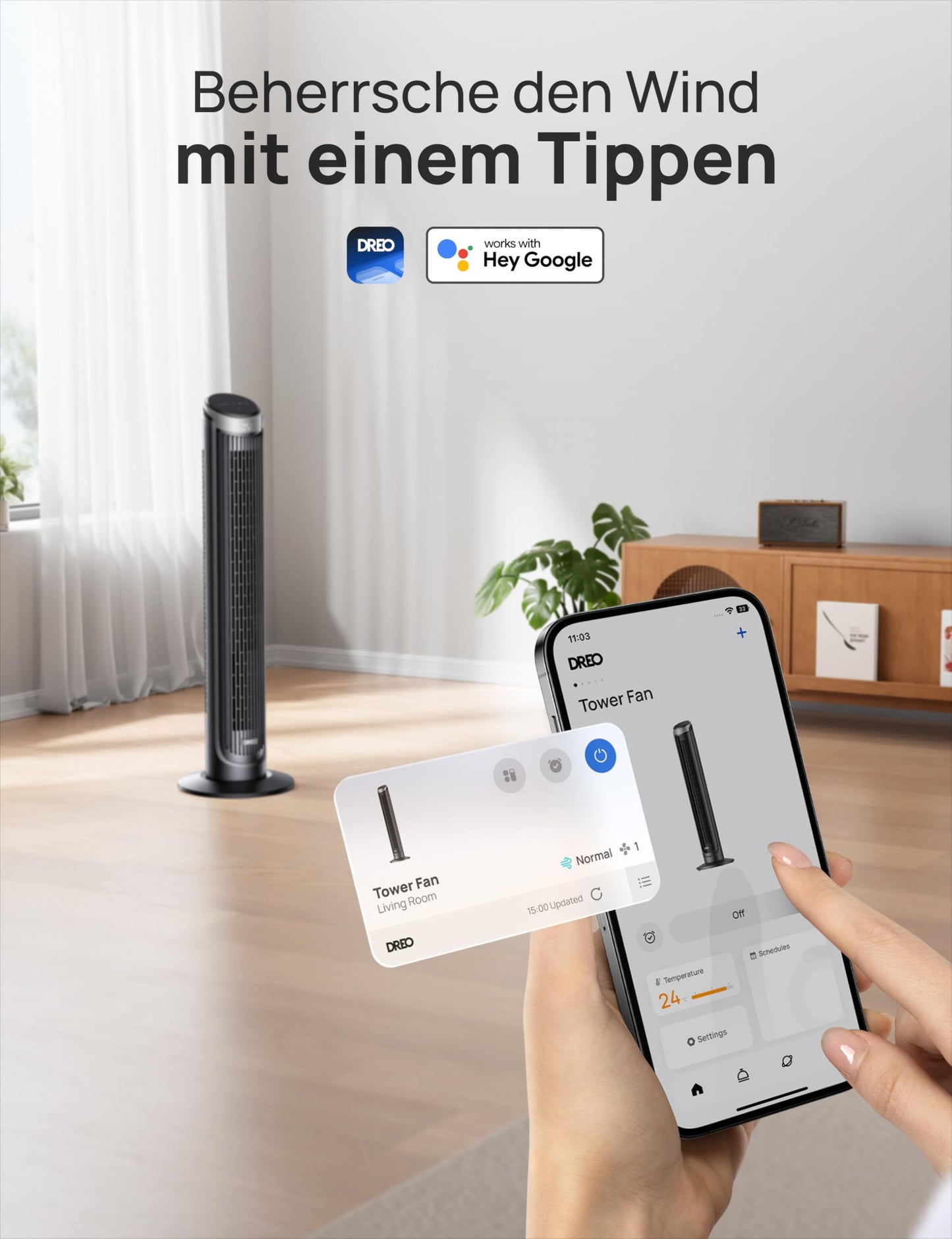DREO Smart Tower Fan  7.9 m/s Speed, 5 Levels, 4 Modes, Touch/Remote Control/App & Voice Control, Alexa, 12H Timer, Silver - DR-HTF008S