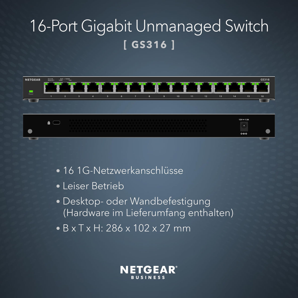 NETGEAR Switch Ethernet Gigabit 16-Port Neadministrat (GS316): Montare pe birou sau pe perete, funcționare silențioasă - GS316-300EUS