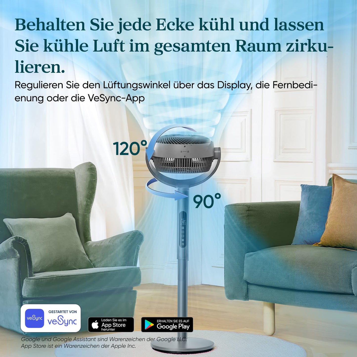 Levoit 20dB pedestal fan very quiet with intelligent control via APP & Alexa, DC motor with 30m throw, fan with cooling, fan with remote control, 4 modes 12 levels 12 hour timer - LPF-R432S-AEU