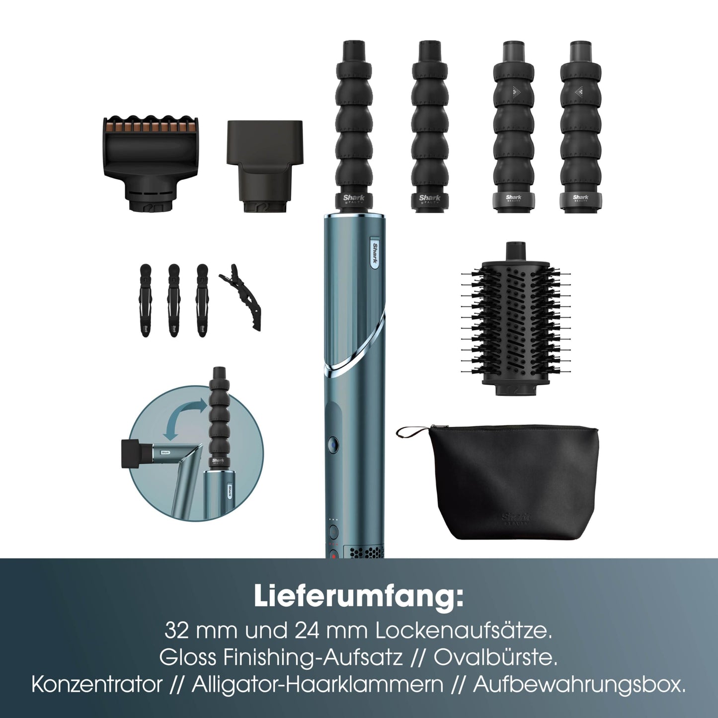 Shark FlexStyle Limited Edition Teal 5-in-1 Hair Styler & Dryer Gift Set, Curl Attachments, Finishing Attachment, Oval Brush, Concentrator, Hair Clip, Storage Bag, HD456TLEU