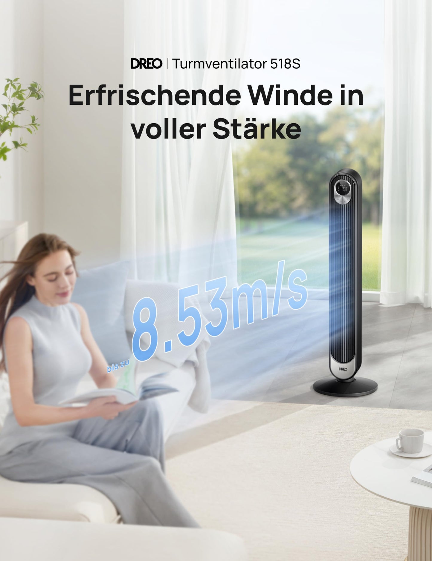 Dreo Smart 20dB DC Motor Tower Fan Quiet, 11M Wind Distance Fan with Remote Control, 9 Levels 4 Modes, 90° Oscillating Stand Fan with Voice Control for Bedroom, 12H Timer - DR-HTF018S