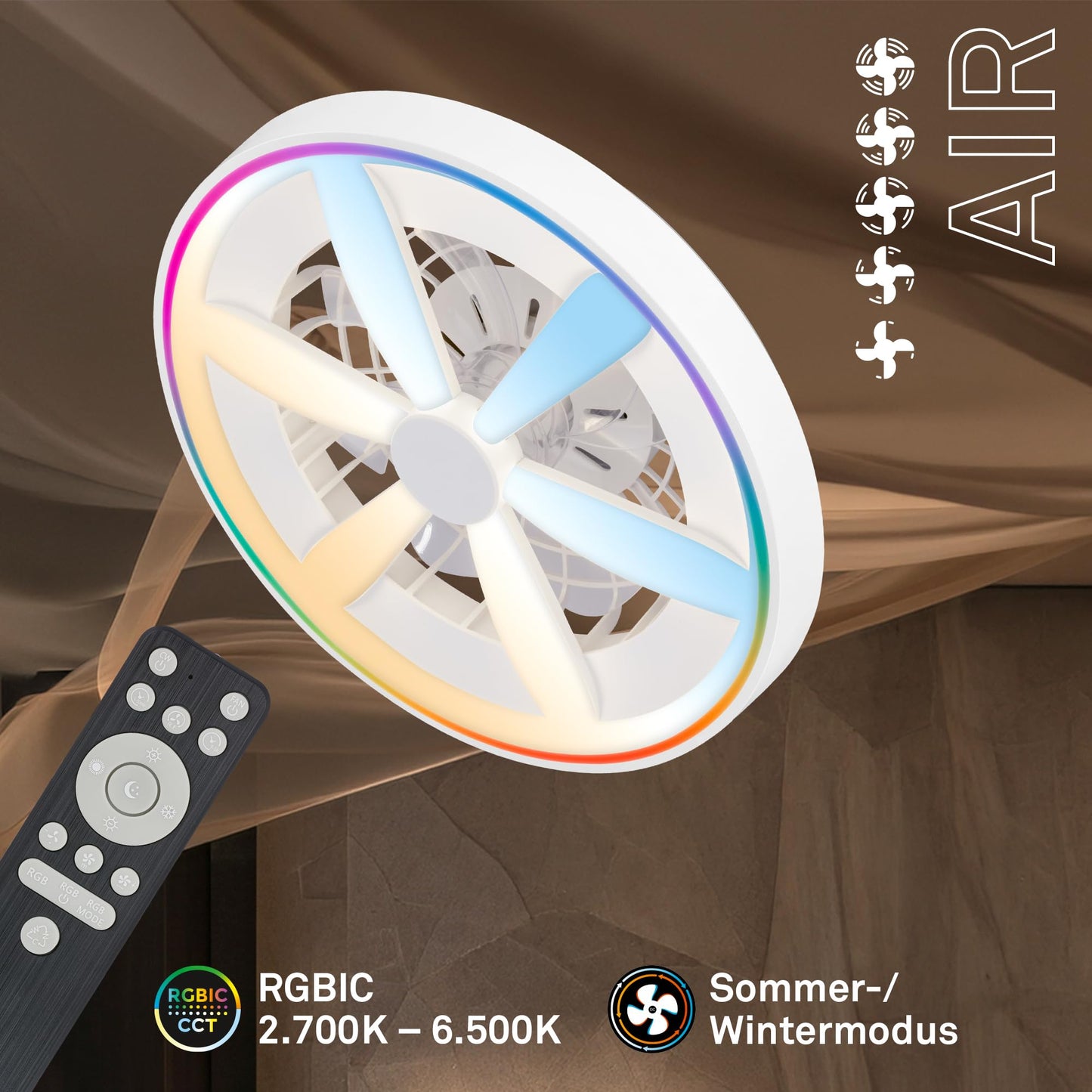BRILONER - LED ceiling fan with lighting, remote control, DC motor, 5 speeds, RGBIC, CCT, dimmable, lamp with fan, LED ceiling light, ceiling lamp fan, 48 cm, white - 3988016
