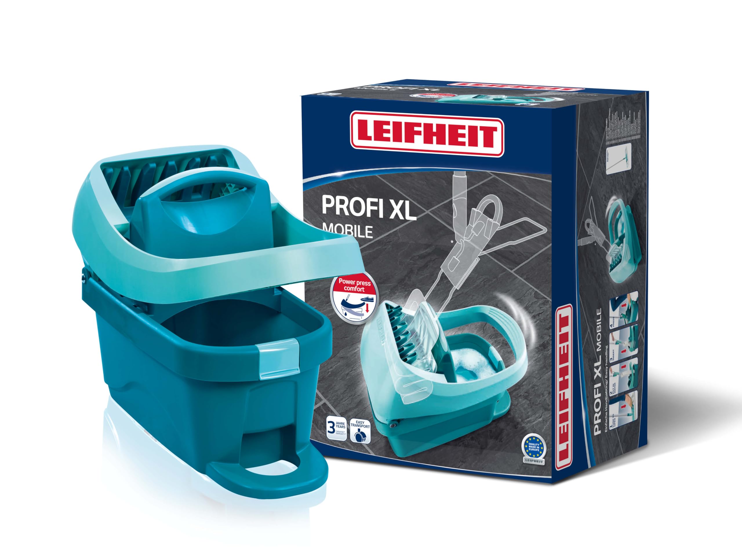 Leifheit wiper press Profi XL with wheels and carrying handle, with foot control for back-friendly cleaning without bending over and clean hands, 8 liter bucket with press attachment - 55076