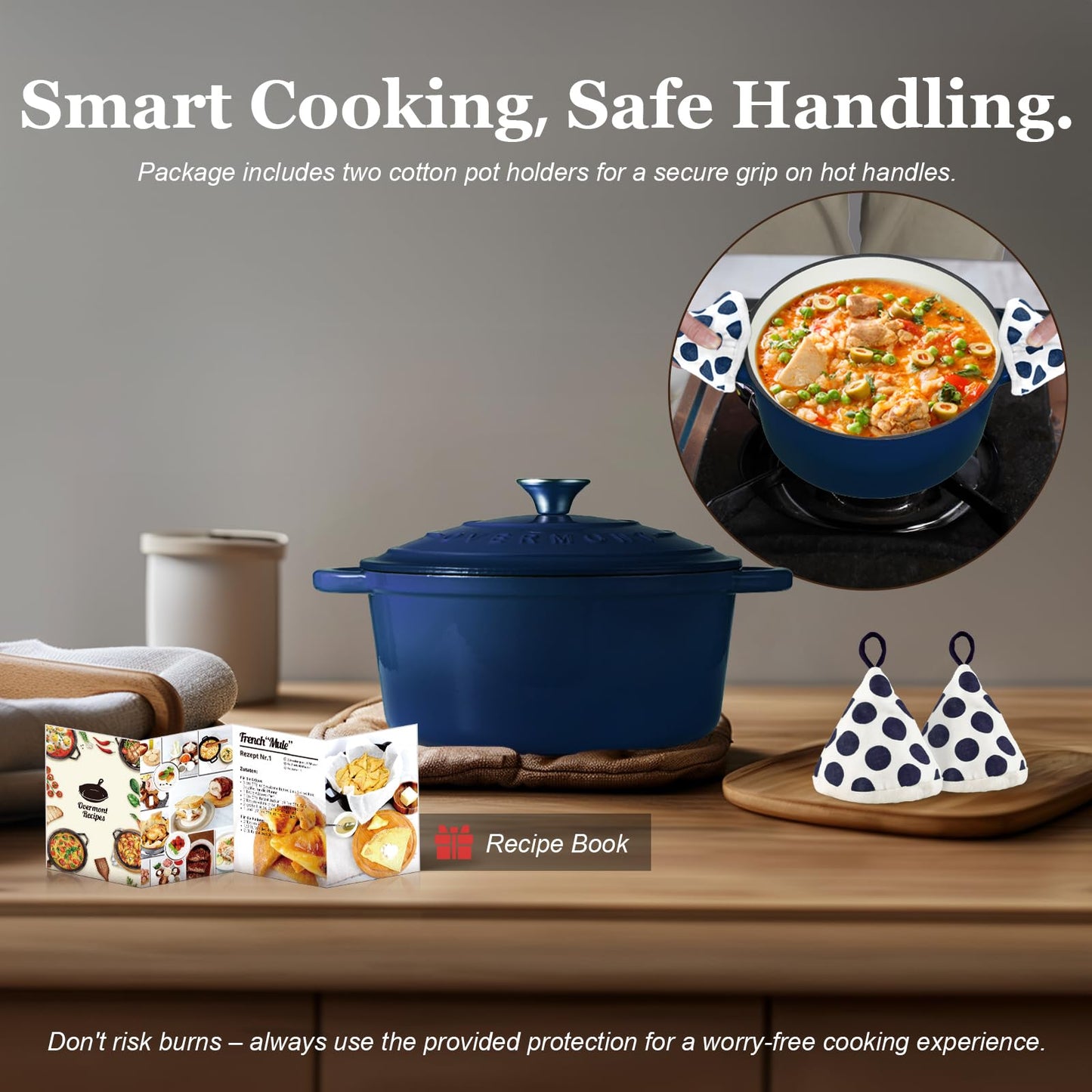 Overmont roasting pan enamel cast iron pot - casserole 24cm oven-safe - with lid and cookbook - for kitchen baking stewing roasting indigo blue - 24CM-Enamel-Indigo