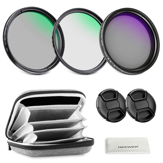NEEWER 72 mm variable ND + CPL + UV filter set, pack of 3, multi-coated gray filter (ND2-400) circular polarization filter camera lens polarizing filter, photo accessories with carrying case lens caps - NW