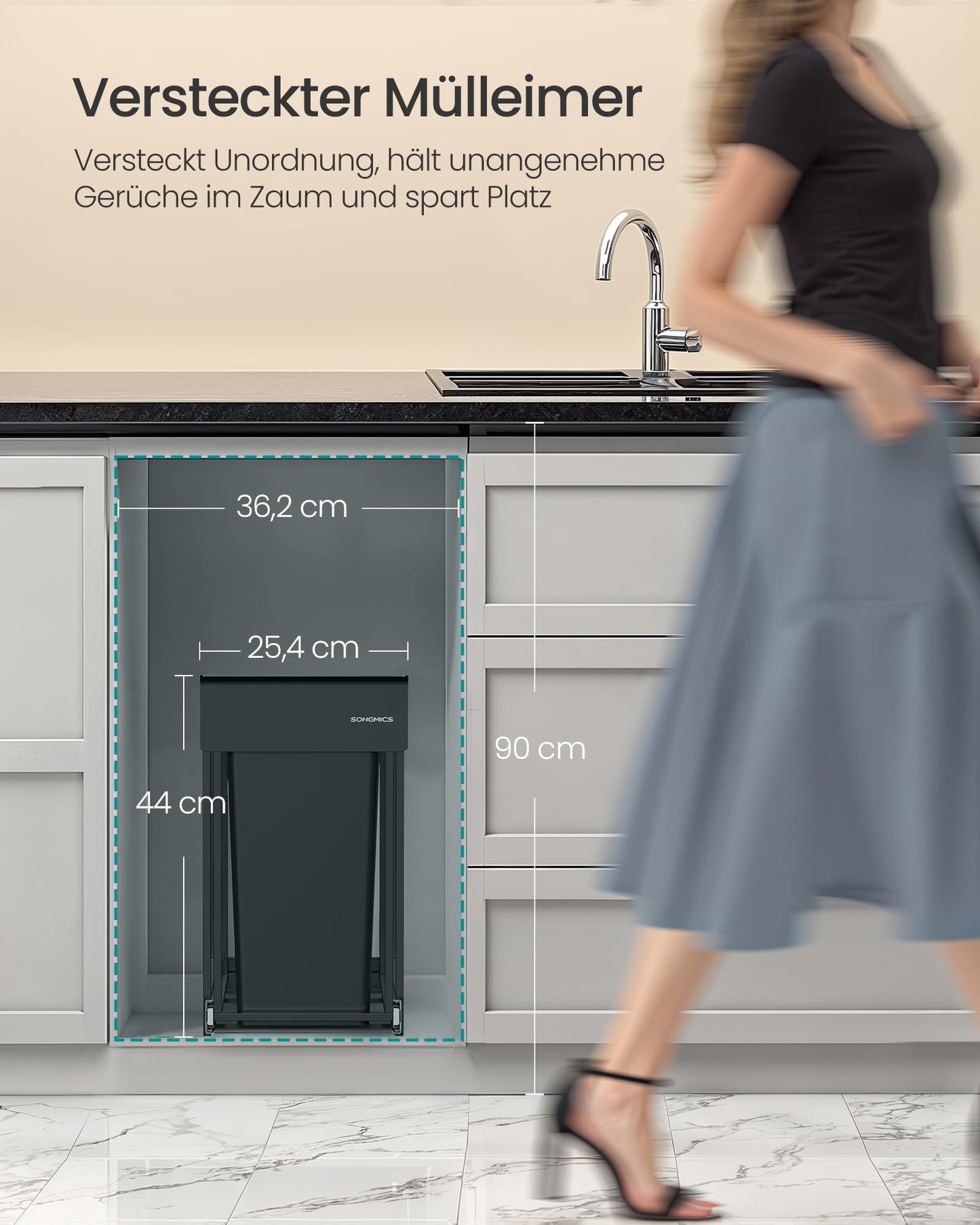 SONGMICS kitchen trash can, trash separation system for base cabinet, 2 x 15 L, trash can with 2 compartments, extendable, steel frame, ABS lid, ink black LTB950B01