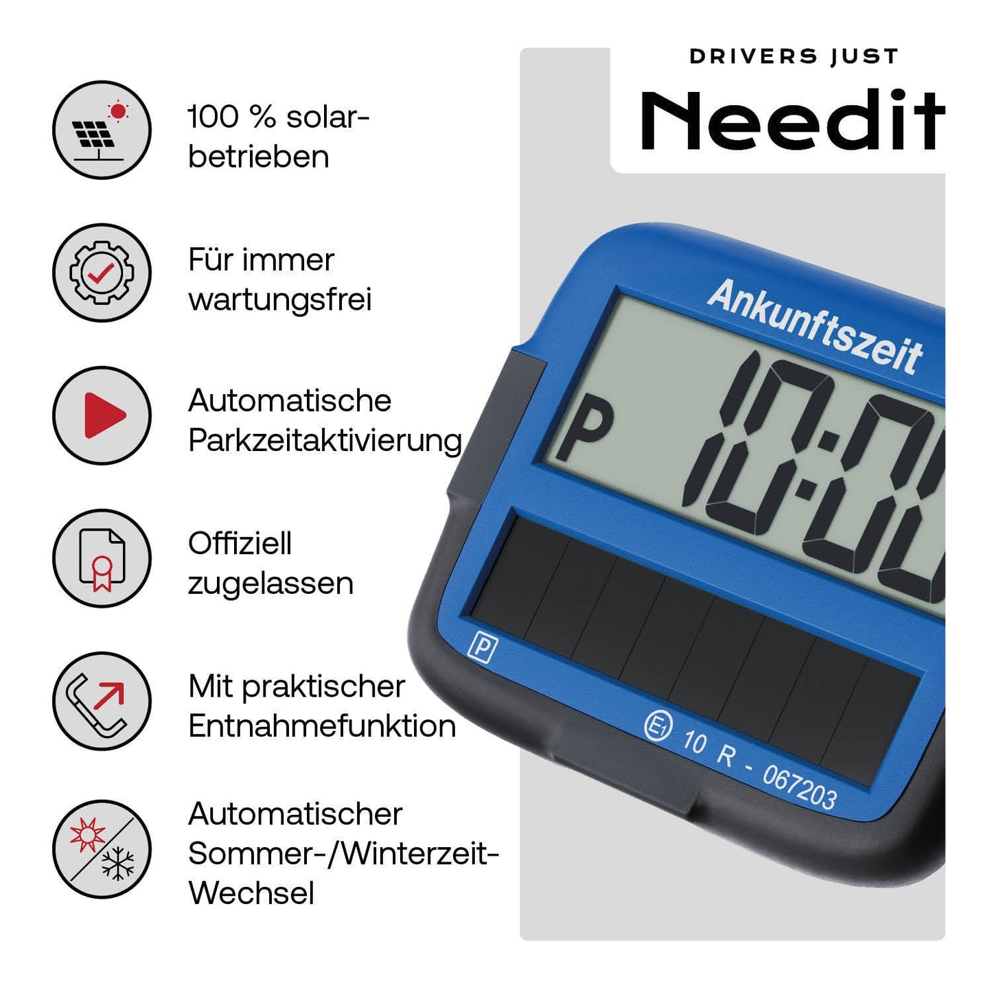 Needit Park Micro Solar Electronic Parking Disc [NEW Model 2025] I infinite energy, zero battery change | the only parking disc in Germany with an integrated rechargeable battery | blue - 9020