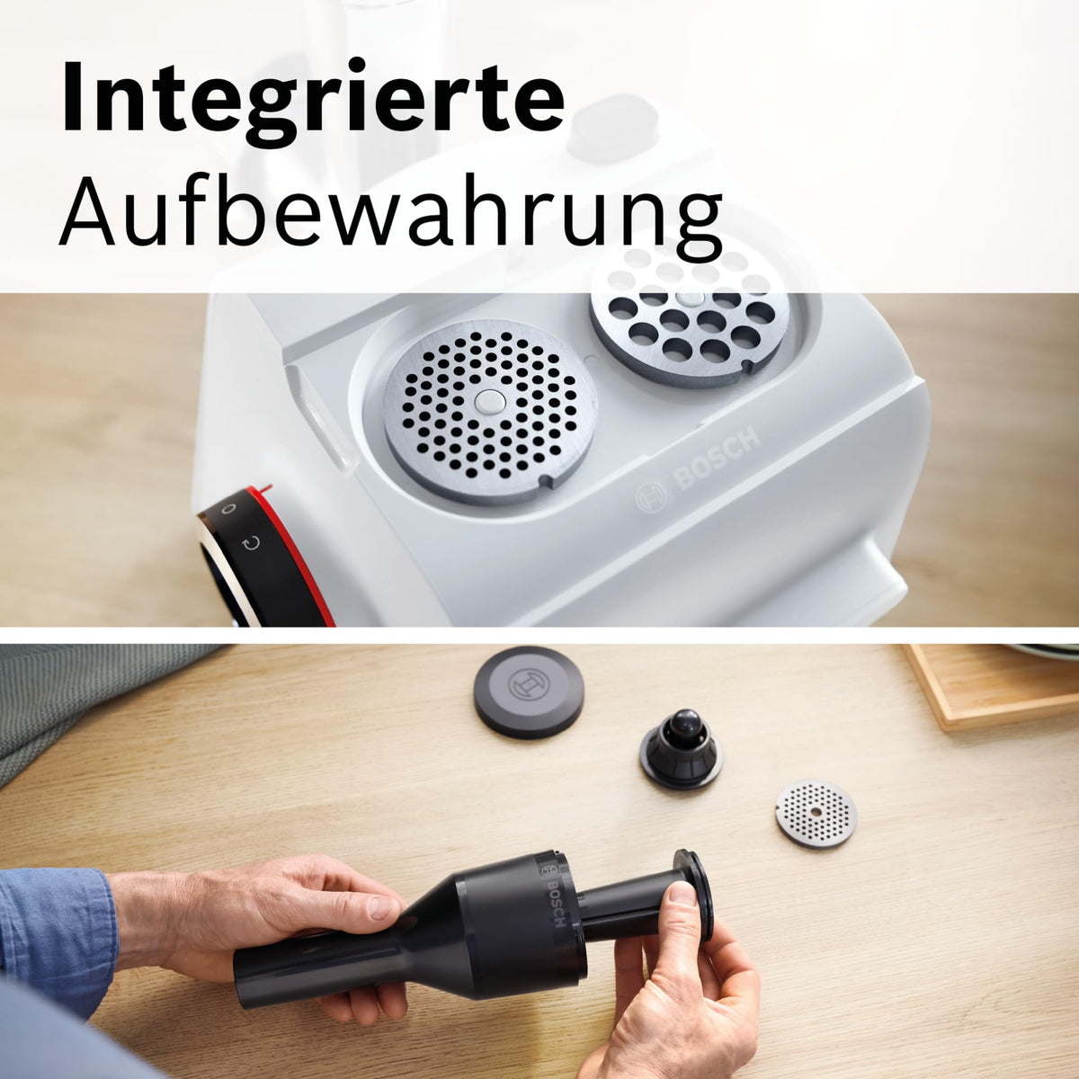 Bosch Răzătoare de carne Serie 4, 2 discuri de tăiere (3 / 8mm) din oțel inoxidabil, lavabile în mașina de spălat vase, electrică, puternică, compactă, 2 trepte, umplutură de cârnați, 1.900 W, alb/negru, MultiPower MFWS420W