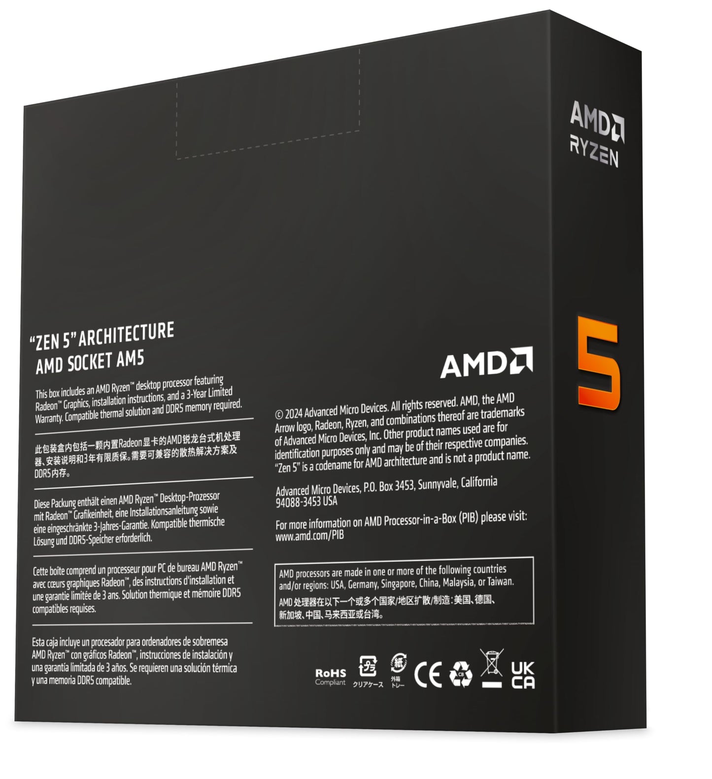 AMD Ryzen 5 9600X Processor (Radeon Graphics Included, 6 Cores/12 Threads, 65W DTP, Socket AM5, Cache 38MB, Up to 5.4 GHz Max Boost Frequency, No Cooler)