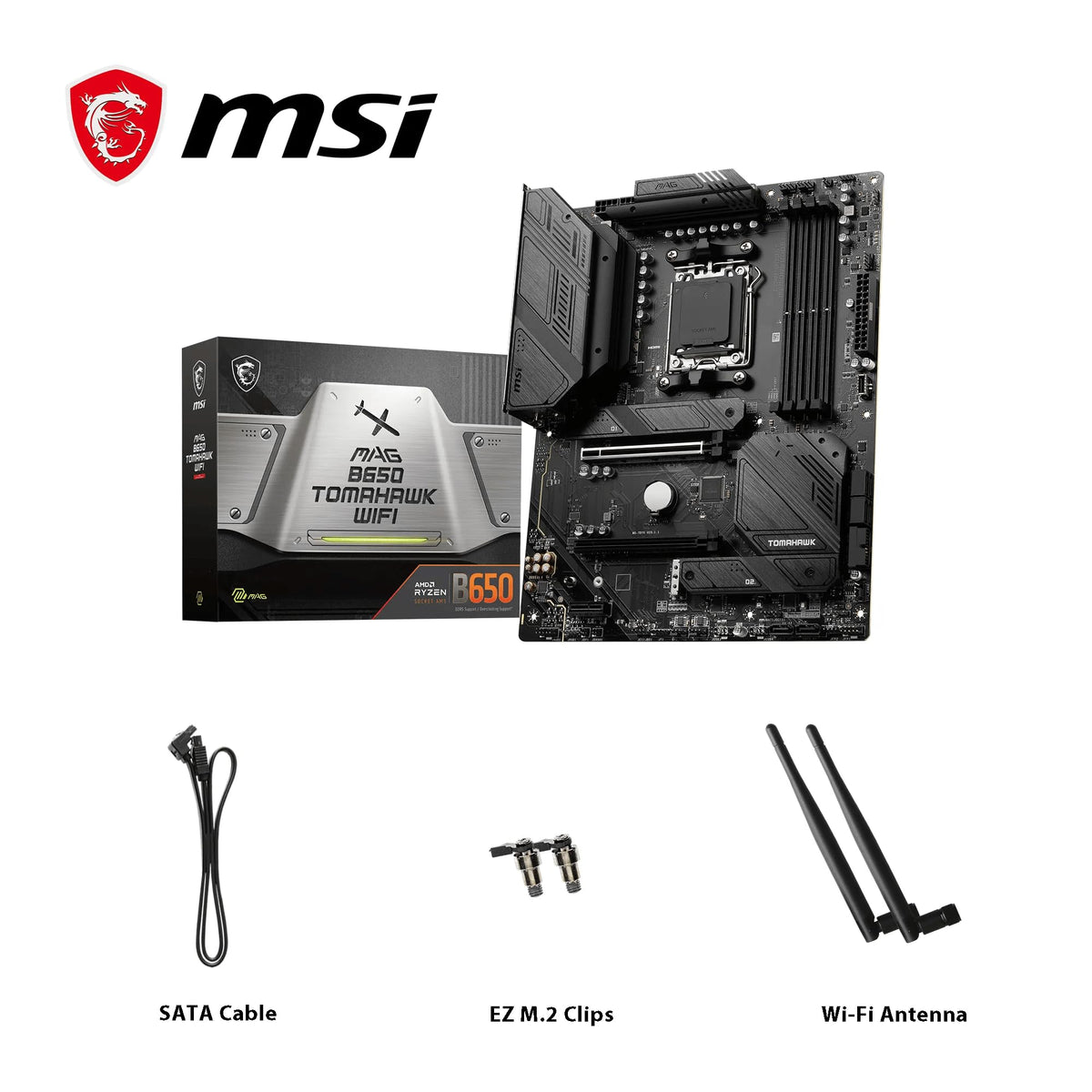 MSI MAG B650 Tomahawk WiFi Motherboard, ATX - Supports Ryzen 9000, 8000 & 7000 Series Processors, AM5-14 Duet Rail 80A VRM, DDR5 Memory Boost 6400+MHz/OC, 2 x PCIe 4.0 x16, 3X M.2 Gen4, Wi-Fi 6E - 7D75-001R