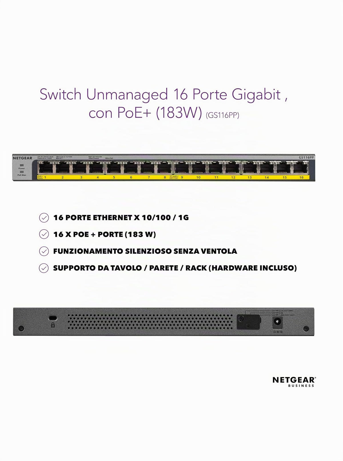NETGEAR GS116PP Switch PoE 16 Port Gigabit Ethernet LAN cu 16x PoE+ 183W (Switch de rețea Plug-and-Play PoE 16 porturi, fără ventilator, montare în rack de 19 inci, garanție pe viață ProSAFE) - GS116PP-100EUS