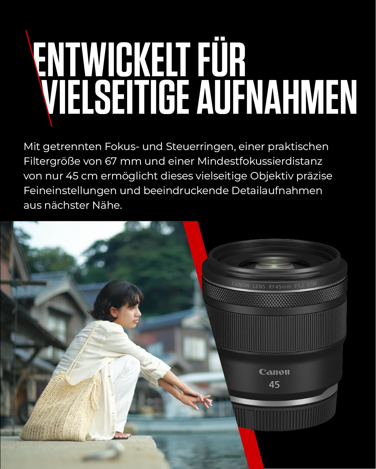 Canon lens RF 45mm F1.2 STM - fixed focal length lens with F1.2 light intensity - ideal for portrait photography - compatible with Canon EOS R system