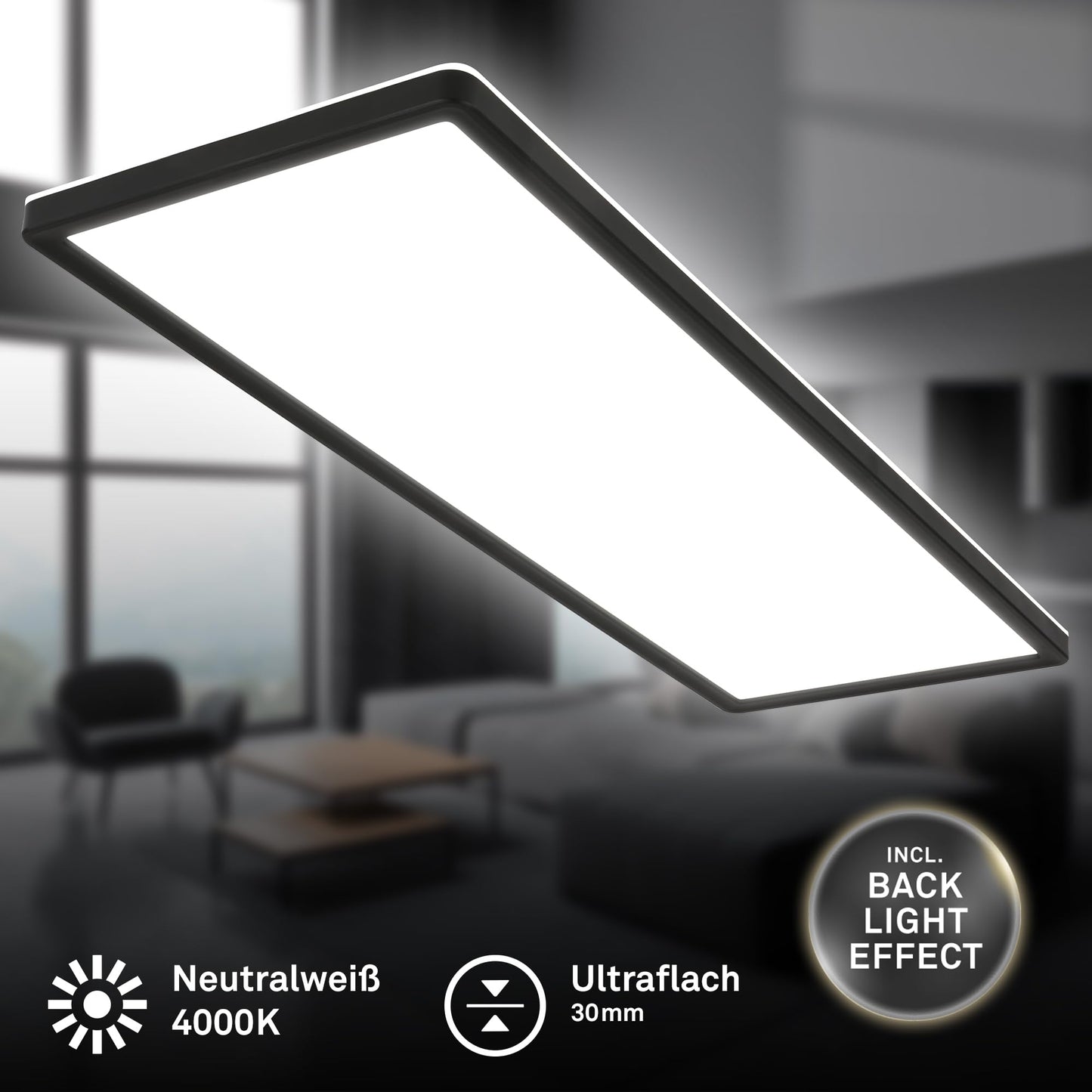BRILONER - LED ceiling lamp with indirect light, 58x20 cm, flat, 22W 3,000lm, neutral white light color, living room lamp, ceiling light, living room lamp, LED panel, kitchen lamp, bedroom, black - 7402-415