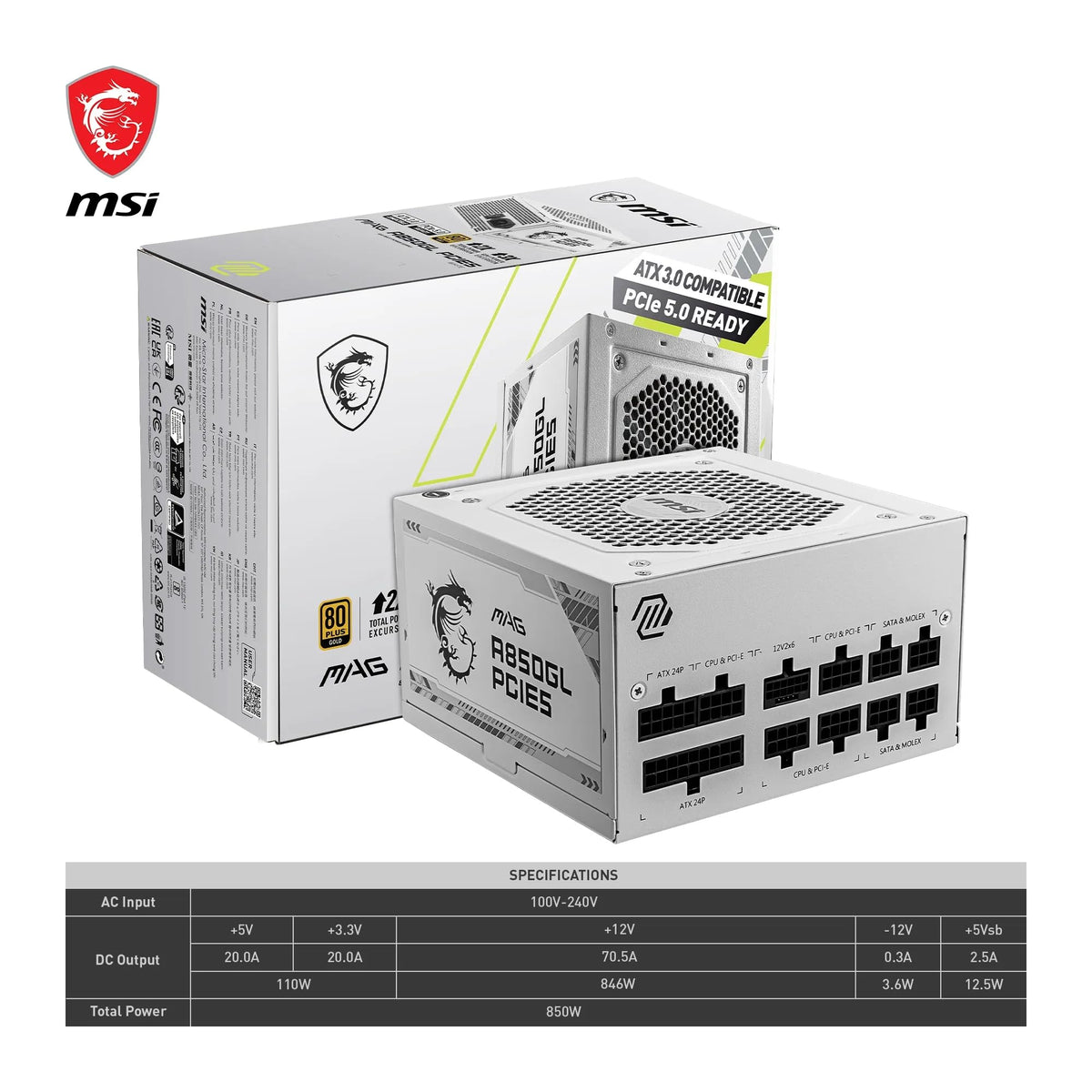 MSI MAG A850GL PCIE5 White Sursă de alimentare, 850W, 80 Plus Gold, complet modulară, ATX 3.0, suport pentru GPU PCIe 5.0, ventilator de 120mm FDB, Full-Bridge LLC, cabluri plate negre. - 306-7ZP8A24-CE0