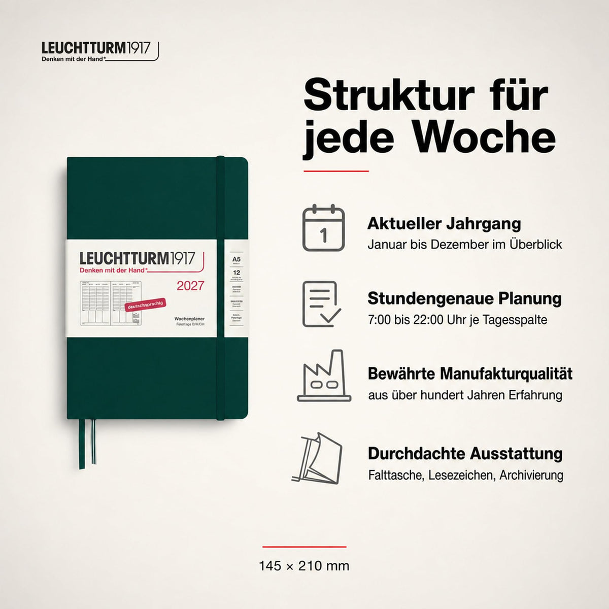 LEUCHTTURM1917 Weekly Planner 2027 Medium (A5) - German, Forest Green, 210 x 145 mm, January-December (12 months), weekly overview with hourly grid 7:00-22:00 per column, hardcover, 80 g/m² paper - 400150