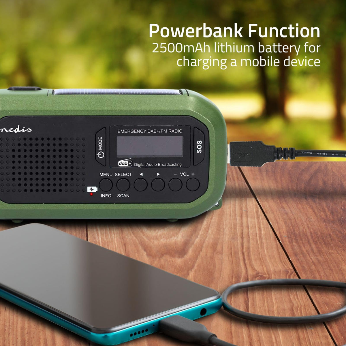 Radio de urgență - Execuție portabilă - DAB+ / FM - Funcționare cu baterii / manivelă / alimentare solară / alimentare prin USB - Ceas deșteptător - Verde / Negru - RDDBCR2000GN
