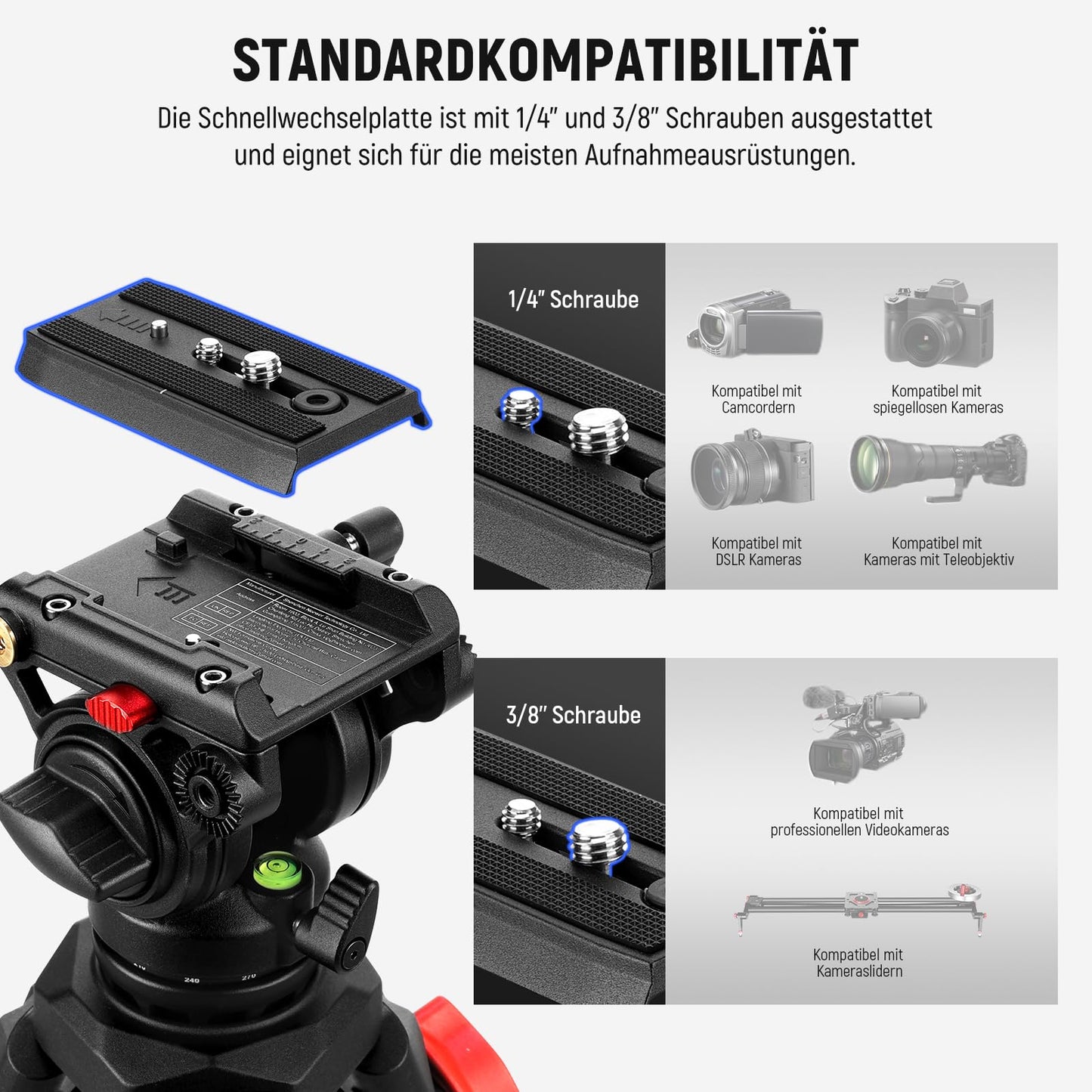 NEEWER Camera Video Tripod with Fluid Head Heavy Duty Lightweight Compact Portable Travel Tripod for DSLR Camcorder Compatible with DJI Gimbals Compatible with Manfrotto QR Plates, Max Load 13.2lbs, TP73
