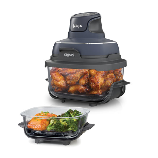 Friteuză cu aer cald portabilă Ninja CRISPi, 3.8L, 4-în-1: Prăjire cu aer cald, Coacere, Menținere la cald, Recrocantare, Compactă, 6 porții, 2 recipiente detașabile din sticlă și capace, 1700W, Gri FN101EUGY