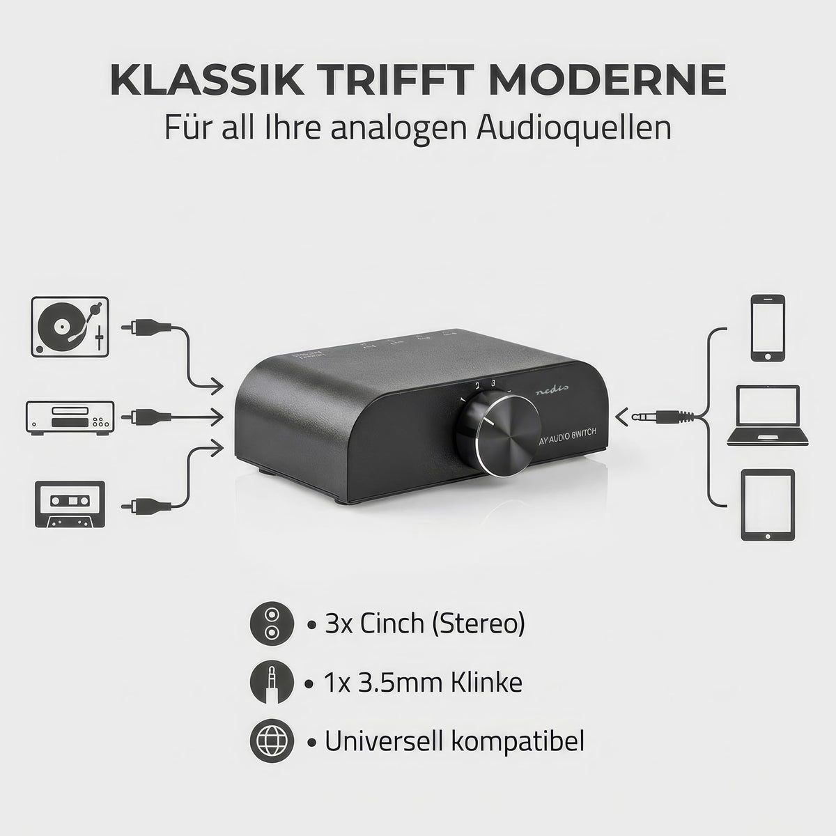 Nedis Audio Switch - Audio Switch - 4 Sources - 3x RCA and 1x 3.5 mm Jack Input - RCA Switch - Plug and Play - Aluminum - ASWI2424AT