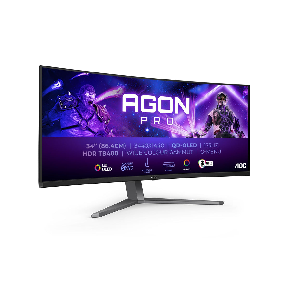 AOC AG346UCDAM Monitor de gaming curbat de 34", UW-QHD, cu hub USB, 175Hz, panou QD-OLED, 0.03ms GtG, HDR400 TB, FreeSync Premium, compatibil G-Sync, ajustare pe înălțime, difuzoare, (3440x1440 HDMI 2X 2.0 DP 1x 1.4) - AG346UCDAM/39