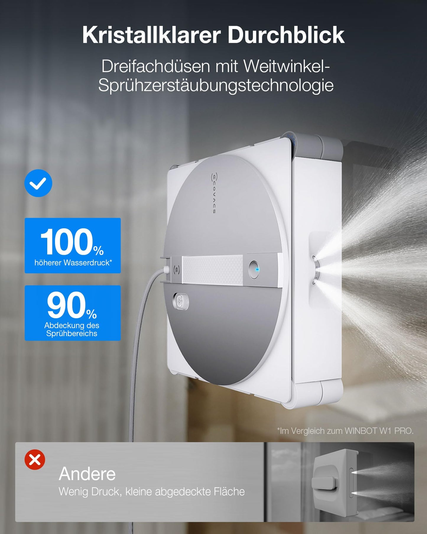 ECOVACS WINBOT W3 OMNI window cleaning robot with multifunctional station, automatic cleaning of the wiping pads, intelligent cleaning along the edges, spraying with three nozzles, app control