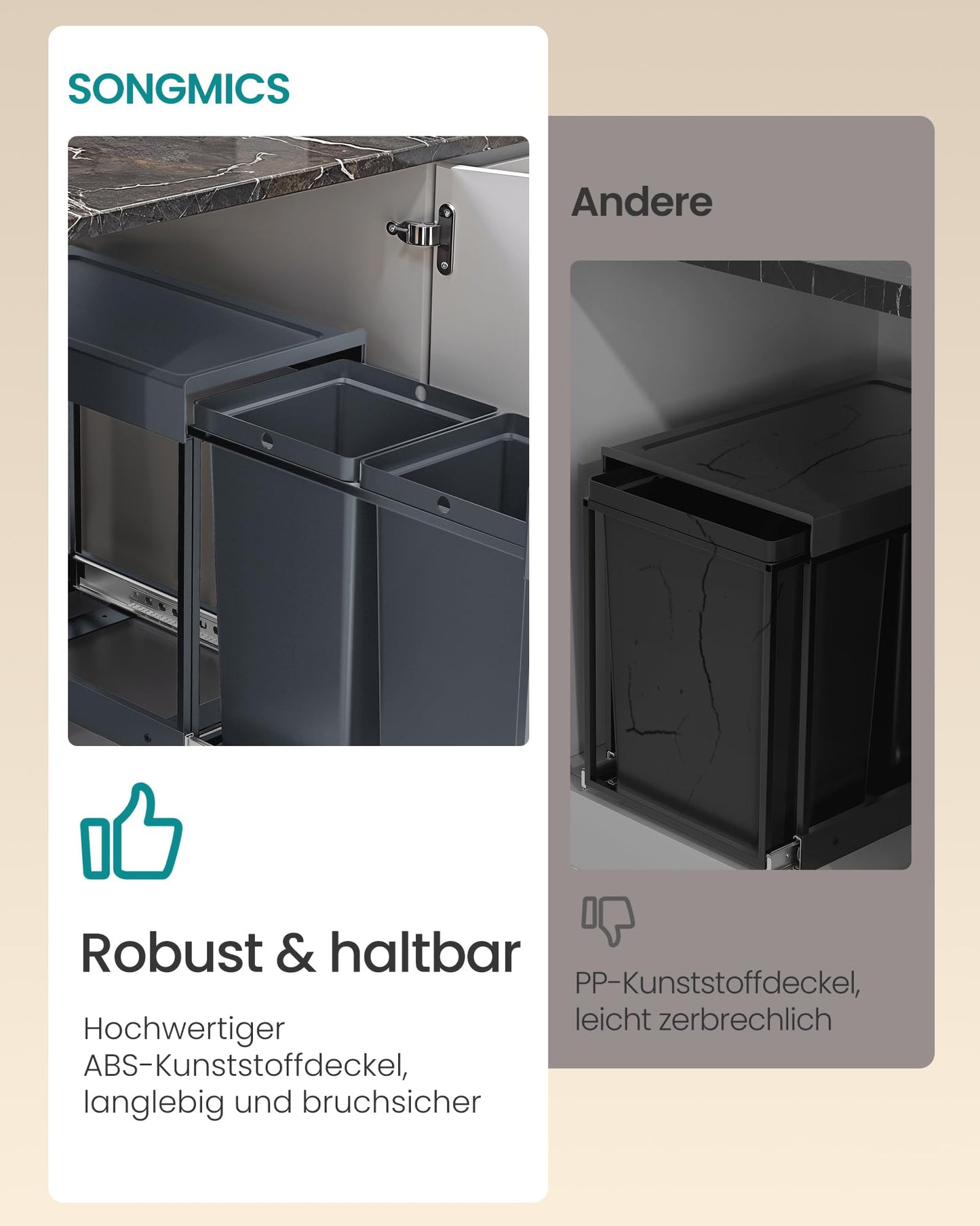 SONGMICS waste bin kitchen, waste separation system for base cabinet, 2 x 15 L, waste bin 2 compartments, extendable, steel frame, ABS lid, gray LTB950GZ01
