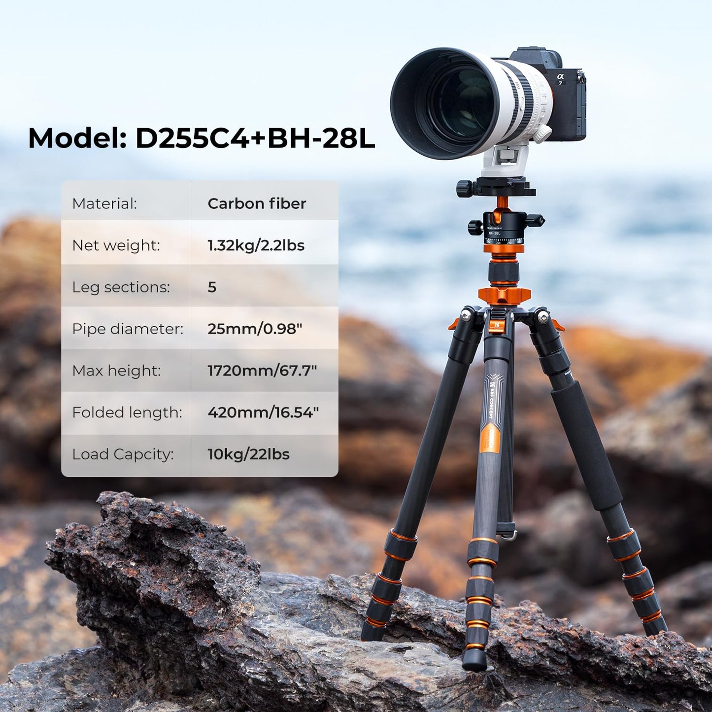 K&F CONCEPT 172cm Carbon Tripod, D255C4(SA255C1) Compact Camera Mobile Phone Tripod, Lightweight Tripod with Monopod Function, 1/4" Thread Travel Tripod with 360° Ball Head for SLR Camera - D255C4+BH-28L