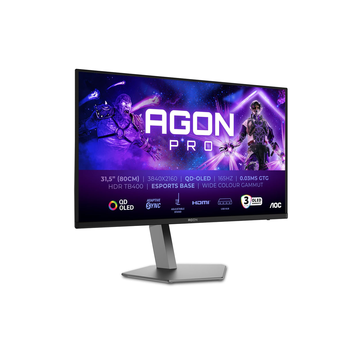 AOC AG326UDAM Monitor de gaming de 32 inch UHD cu Hub USB, 165Hz, panou QD-OLED, 0.03ms GtG, HDR400 TB, FreeSync Prem. Pro, G-Sync Comp., ajustare pe înălțime, difuzoare, (3840x2160 HDMI 2x 2.1 DP 1x 1.4) Negru - AG326UDAM/39