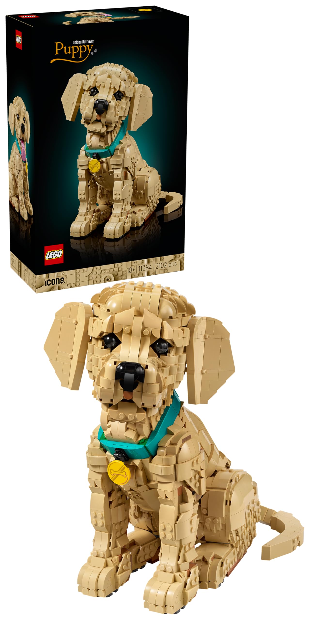 LEGO Icons Golden Retriever Puppy - Model Building for Adults - 3D Animal Figure to Display with Collar & Medal - DIY Decoration for Shelf or Desk - Gift Idea for Art & Craft Fans - 11384