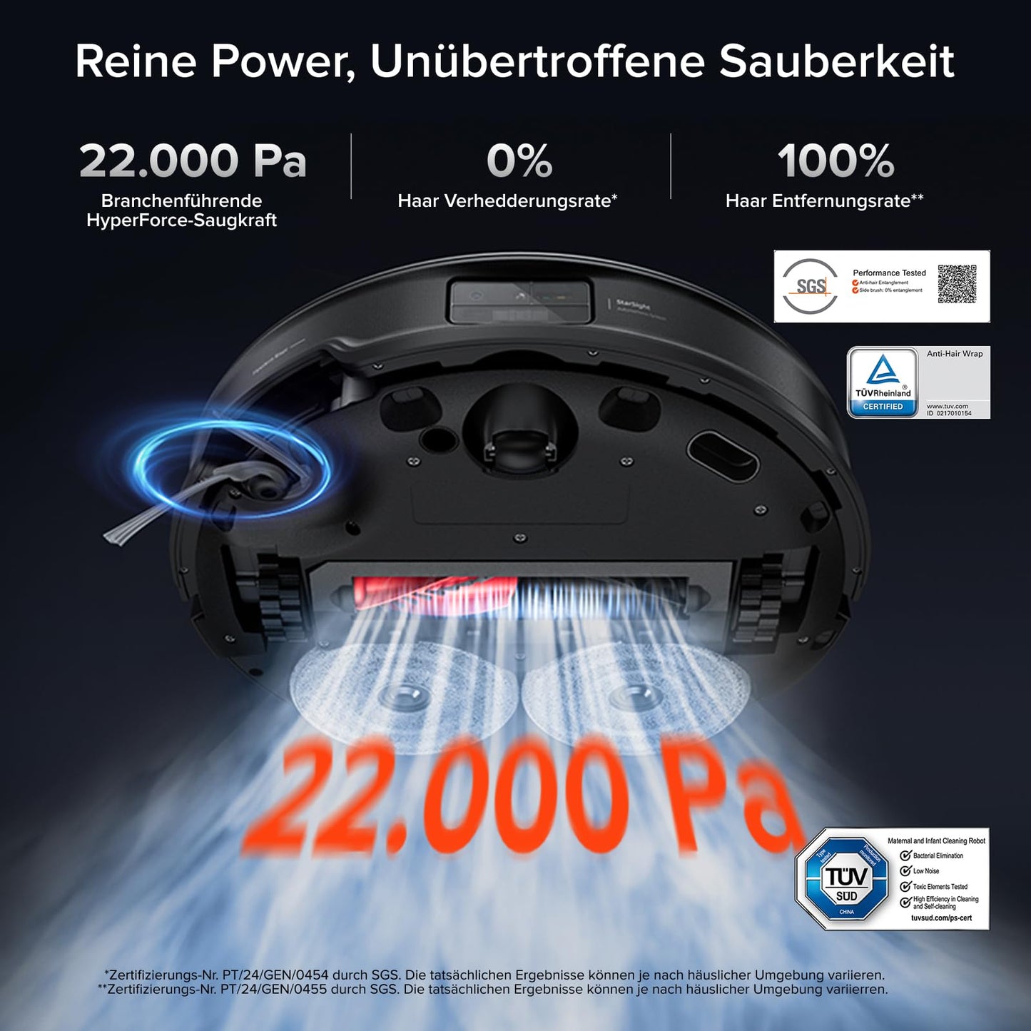 roborock Saros 10R set vacuum robot with wiping function and adjustable mop, 22,000 Pa HyperForce suction power, 7.98 cm ultra-slim design, StarSight System 2.0, Zero-Tangle System (with 2 mops)