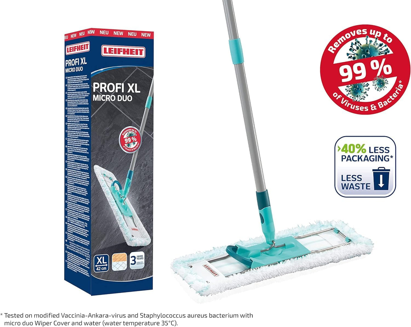 Leifheit back-friendly floor mop Profi XL Micro Duo, steel handle 146cm, mop with foot click, microfiber cover for tiles and laminate, 360 degree swivel joint, click system - 55019