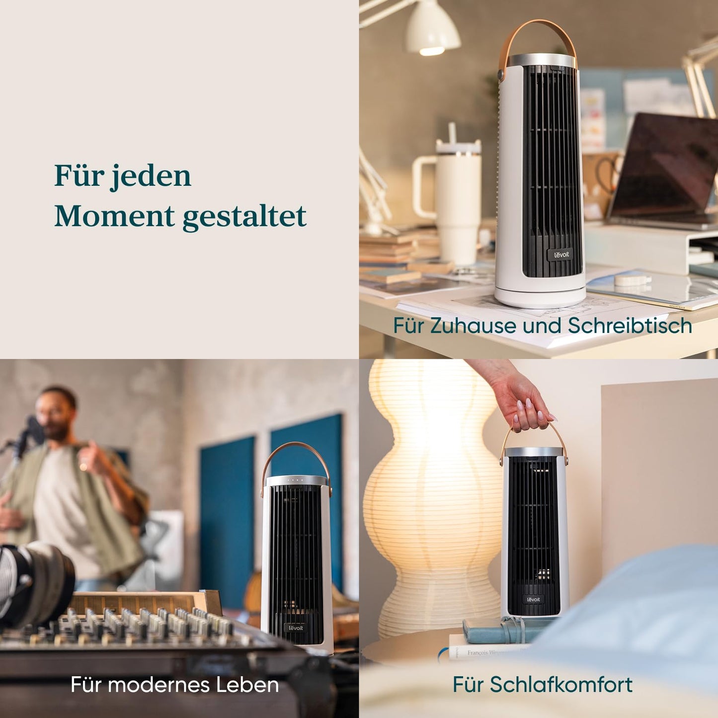 Levoit compact tower fan DC motor - quiet from 20dB fan - 7m/s cooling - table fan 5 levels/90° oscillation/12 hour timer/remote control - space saving, small rooms - moon white, 33 cm - LTF-F132-WEU