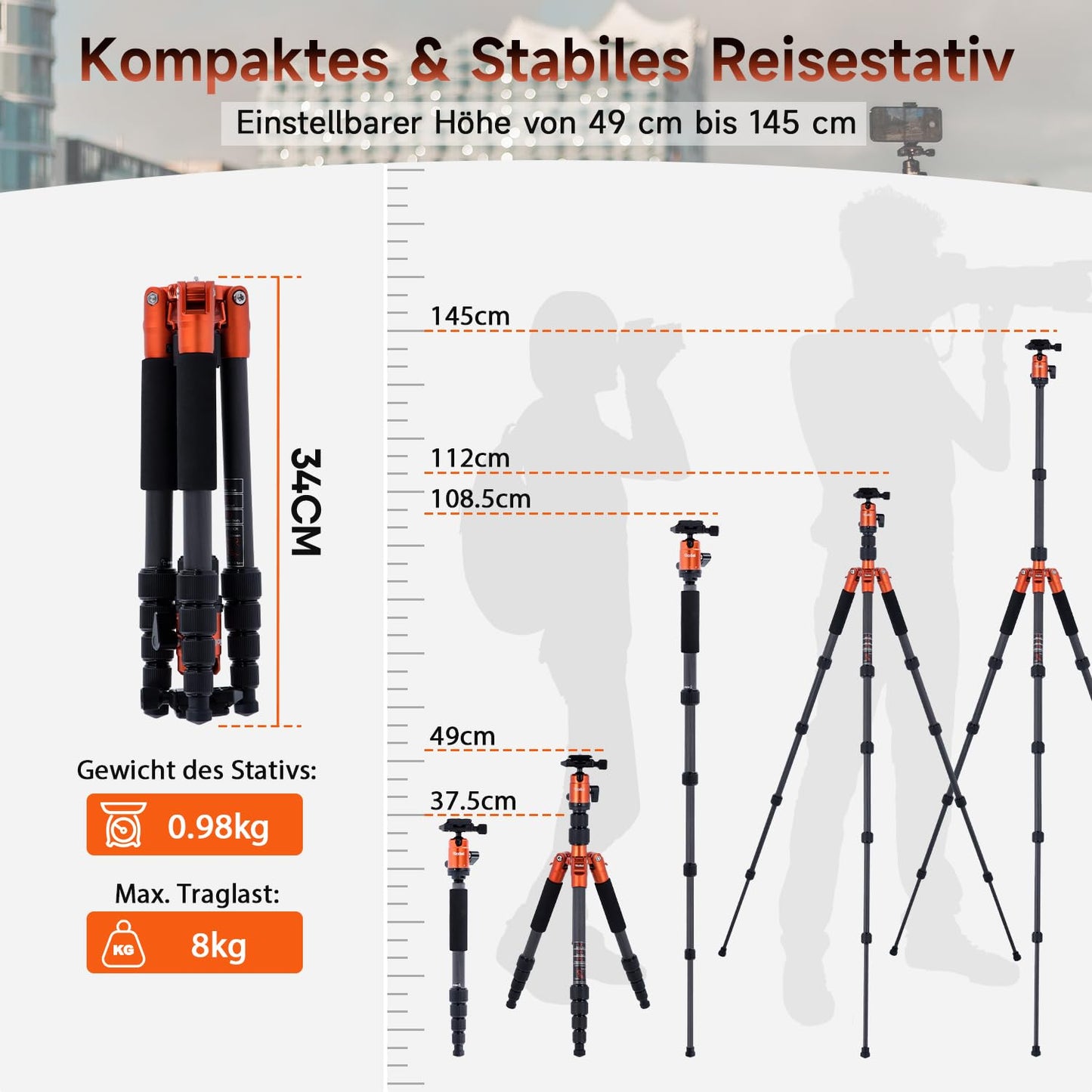 Rollei Compact Traveler No.1 Carbon Orange, 145cm camera tripod pack size 34cm compact photo tripod with ball head Arca Swiss compatible lightweight travel tripod with monopod function for DSLR & smartphone - 22579