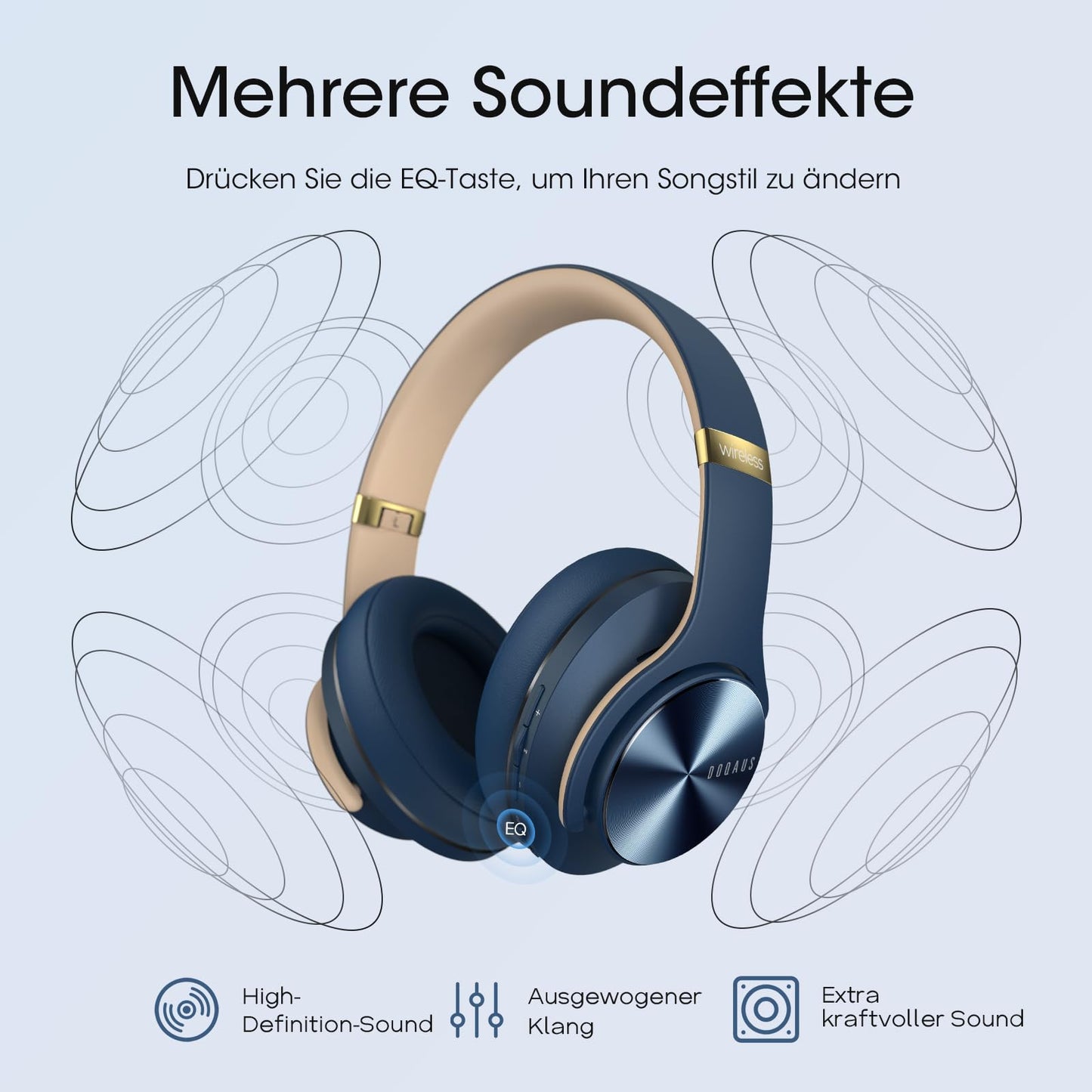 DOQAUS Bluetooth Headphones Over Ear, Up to 90 Hours Wireless Headphones with 3 EQ Modes, HiFi Stereo Foldable Headset with Microphone, Soft Ear Pads for Travel/Office/Cell Phone/PC/Laptops-Navy Blue - Care1