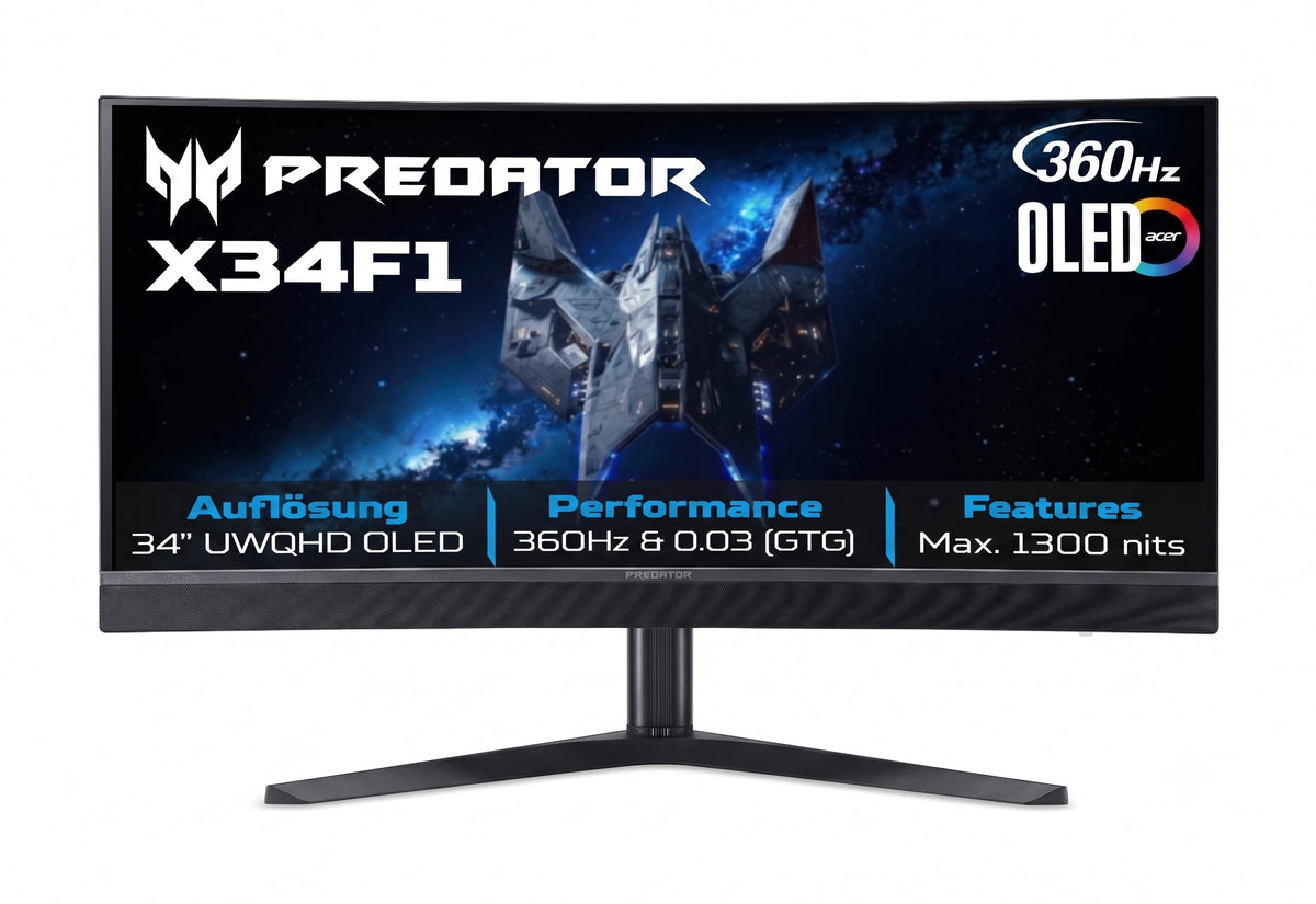 <p>Acer X34F1 Gaming Monitor 34 inches (86 cm screen) UWQHD, OLED, 360Hz, 0.03ms (GTG), 2x HDMI 2.1, 2x DP 1.4, USB-C, USB HUB, FreeSync Premium Pro, HDR, Curved, height adjustable, Delta E<2</p> - Predator