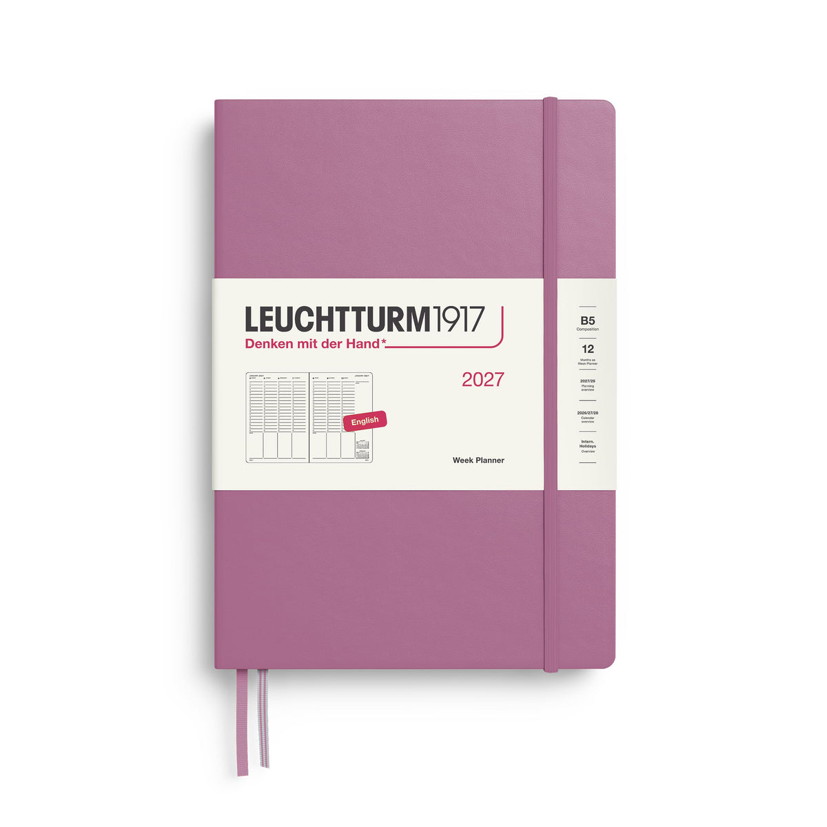 LEUCHTTURM1917 weekly planner 2027 Composition (B5) - English, Dusty Rose, 254 x 178 mm, January-December (12 months), weekly overview with hourly grid 7:00-22:00 per column, hardcover, 80 g/m² paper - 400309