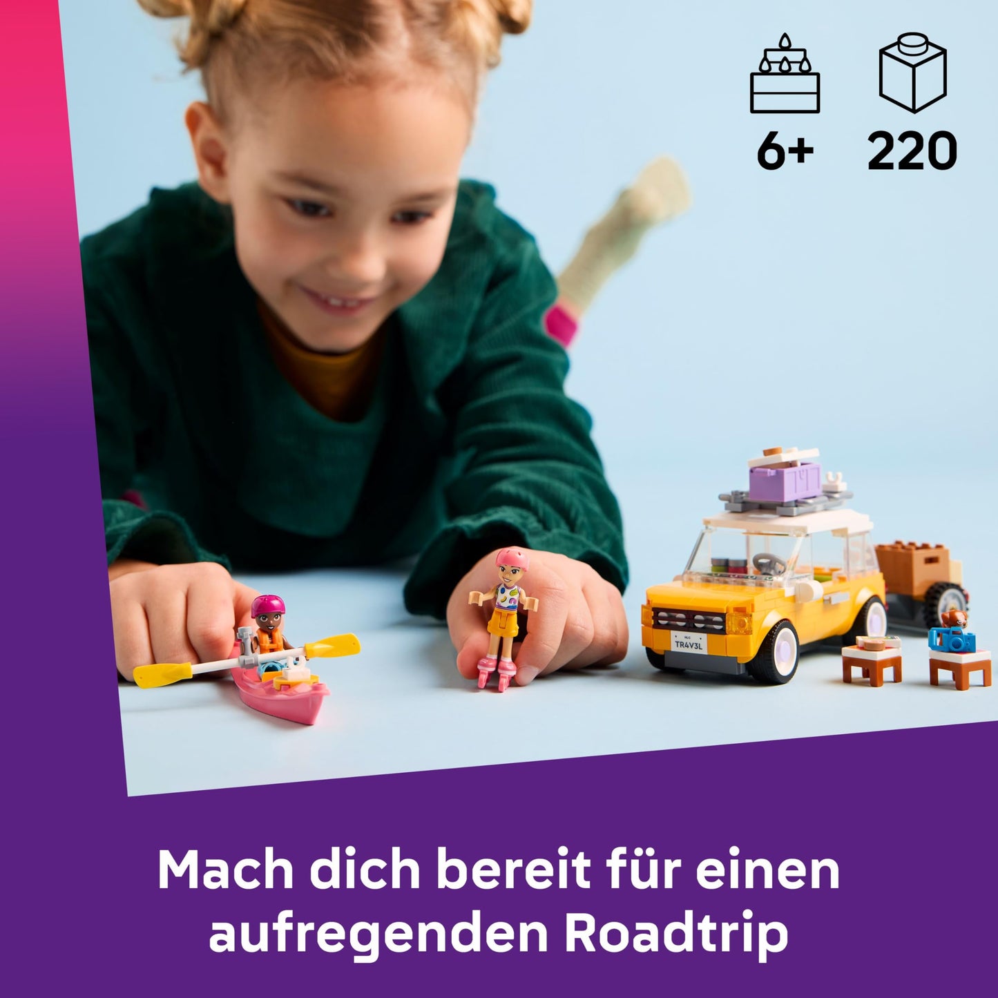 LEGO Friends adventure trip with friends - travel car with trailer - building set with 2 mini dolls, dog figure, kayak & fun accessories - skateboard & roller skates - toy for girls aged 6 and over - 42659