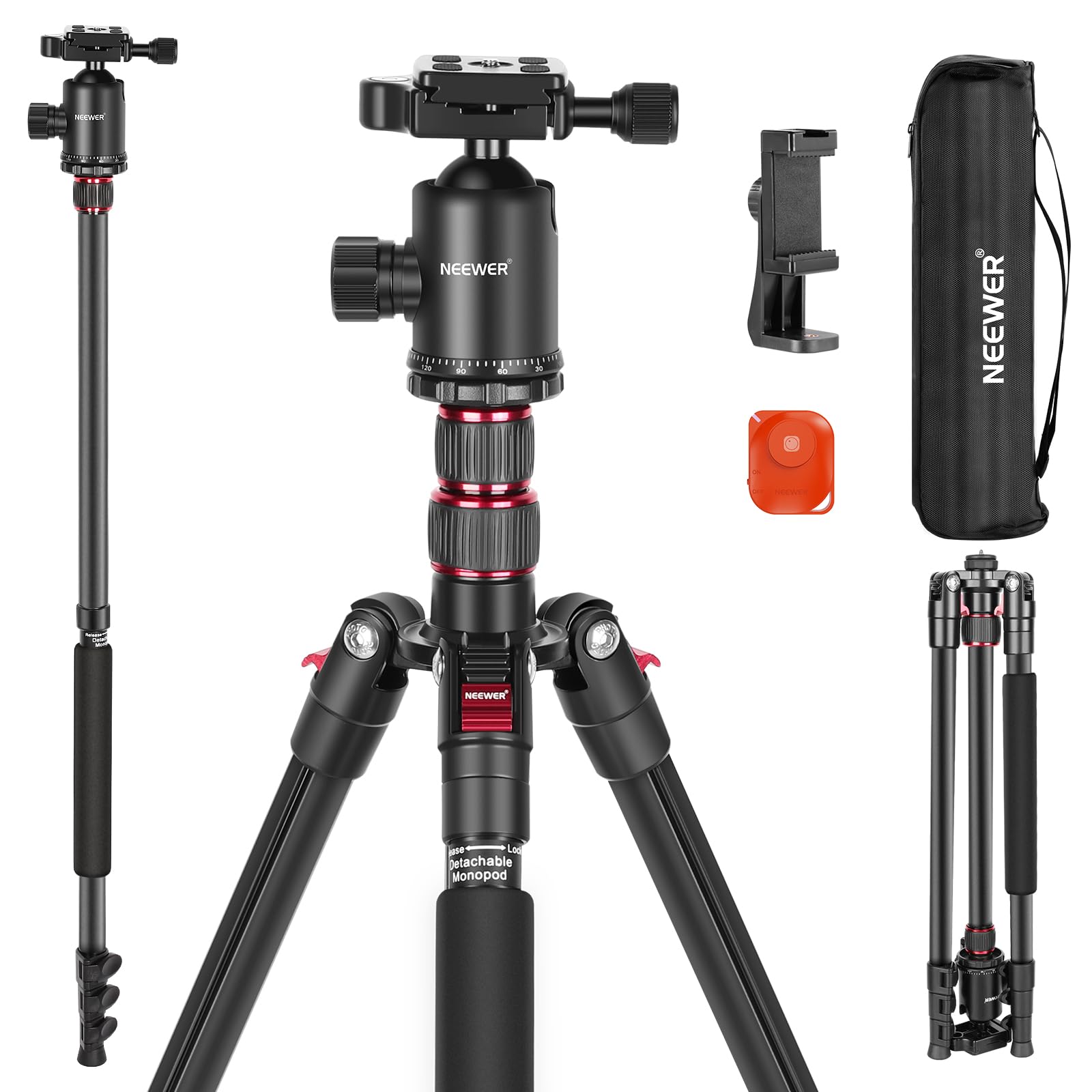 NEEWER 195.6cm Camera Tripod Monopod with Cell Phone Holder, Portable Travel Tripod with Remote Control 360° Ball Head 2 Axis Center Column, Arca QR Plate, Bag, Aluminum DSLR Tripod, Max 15.4kg, TP77 - 10104153