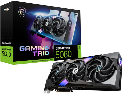 MSI GeForce RTX 5080 16G Gaming Trio OC — 16GB GDDR7 (30Gbps/256-bit), PCIe 5, Boost: 2745 MHz, HDMI 2.1b, DisplayPort 2.1b - V531-005R
