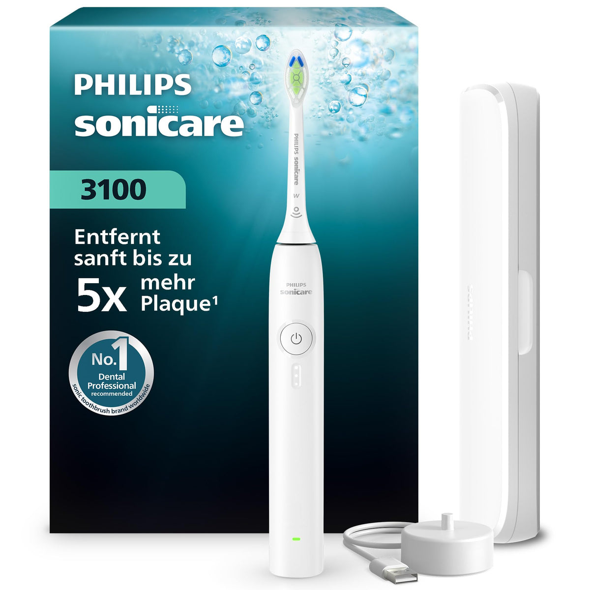 Philips Sonicare Series 3100 Electric Toothbrush – Sonic toothbrush with pressure sensor, three intensity settings, EasyStart, SmarTimer, 14 days battery life, travel case, White, HX4033/21, [New]