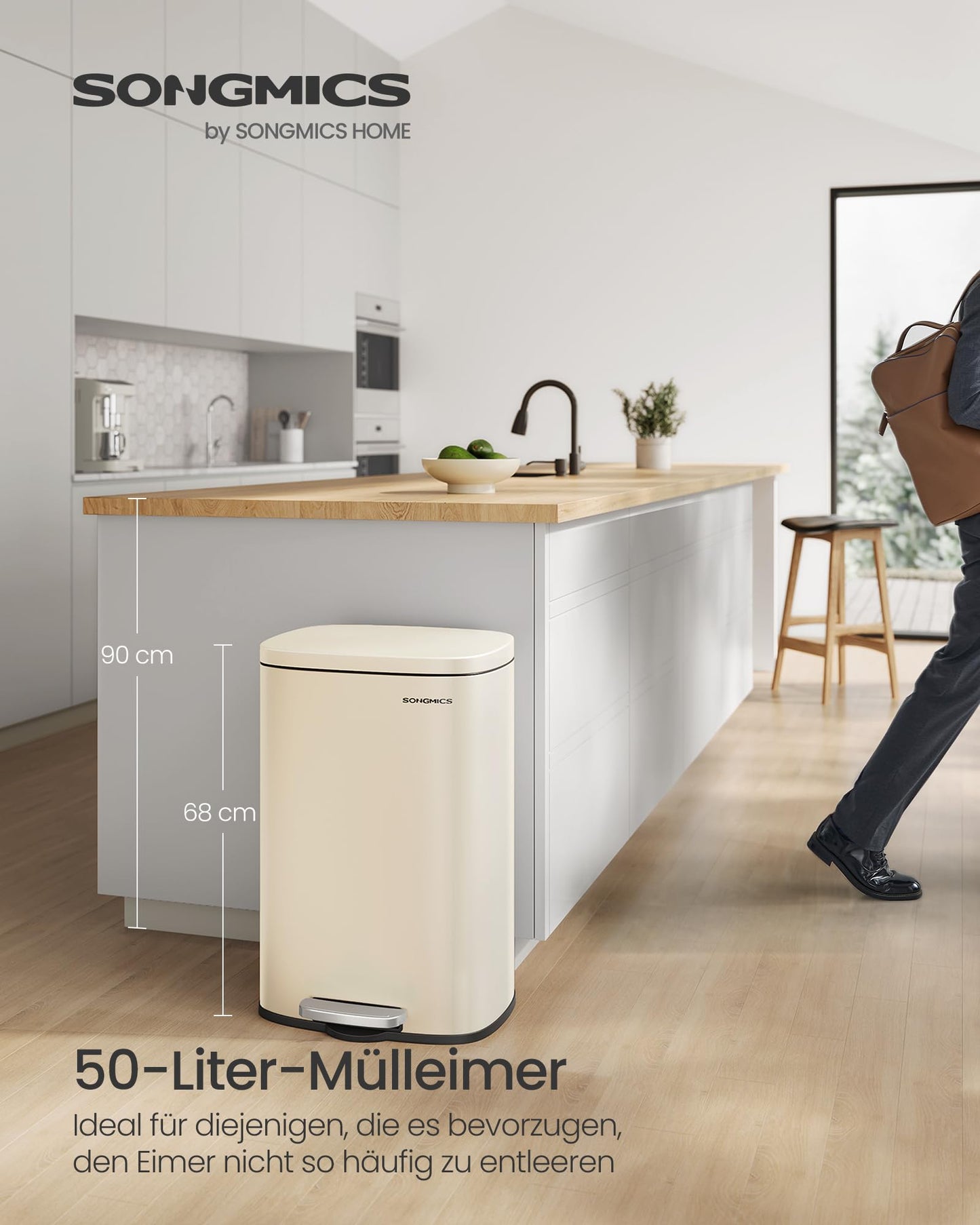 SONGMICS kitchen rubbish bin, 50 liters, waste bin, pedal bin, with lid, soft close, foot pedal, steel, inner bin, sand beige LTB050A02