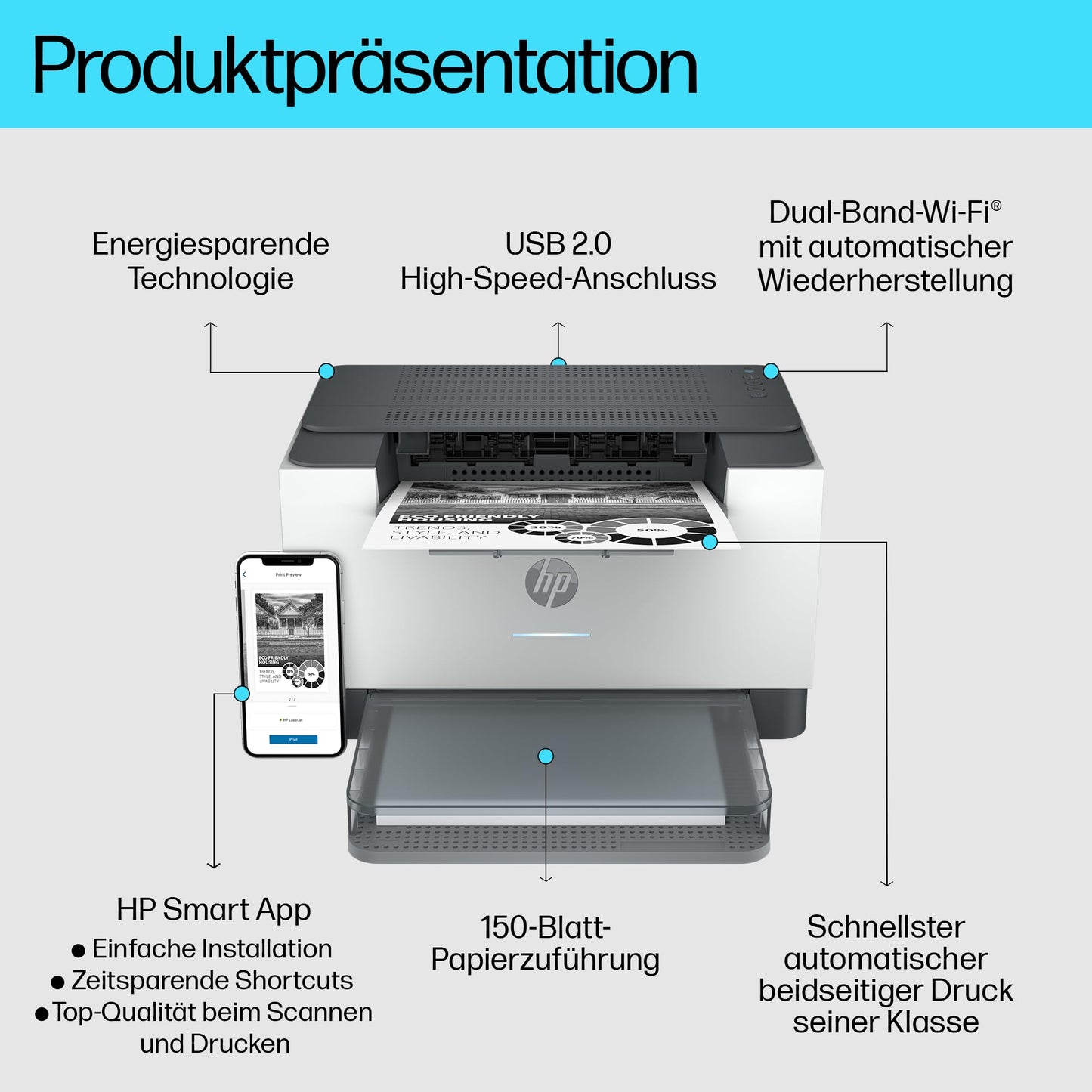 HP LaserJet M209dw laser printer black and white, double-sided printing, dual-band Wi-Fi, USB, smart app, LED control panel - 6GW62F