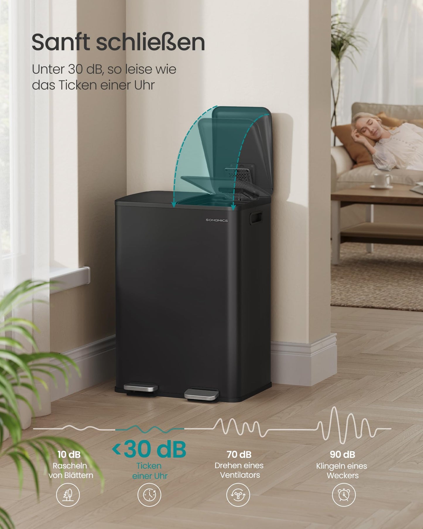 SONGMICS kitchen trash can, 2 x 30 liters, 2 compartments, trash can, pedal trash can, kitchen trash can with soft close lid and inner bucket, steel, including 15 trash bags, ink black LTB741B02
